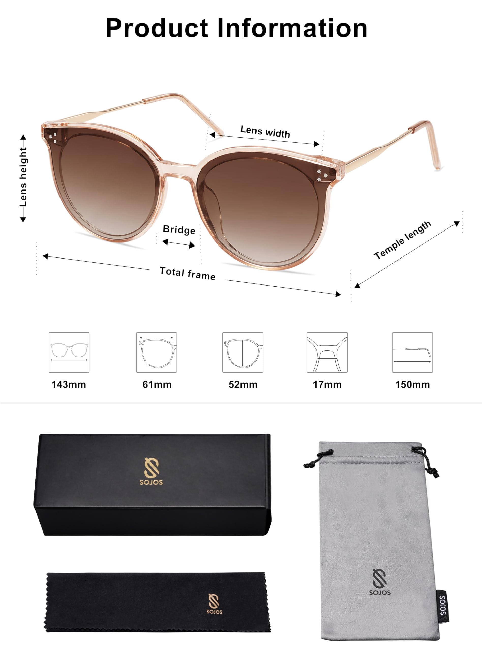 SOJOS Classic Trendy Round Sunglasses Womens Mens Oversized Large Shades UV400 Vacation Sunnies SJ2068, Clear Brown/Gradient Brown