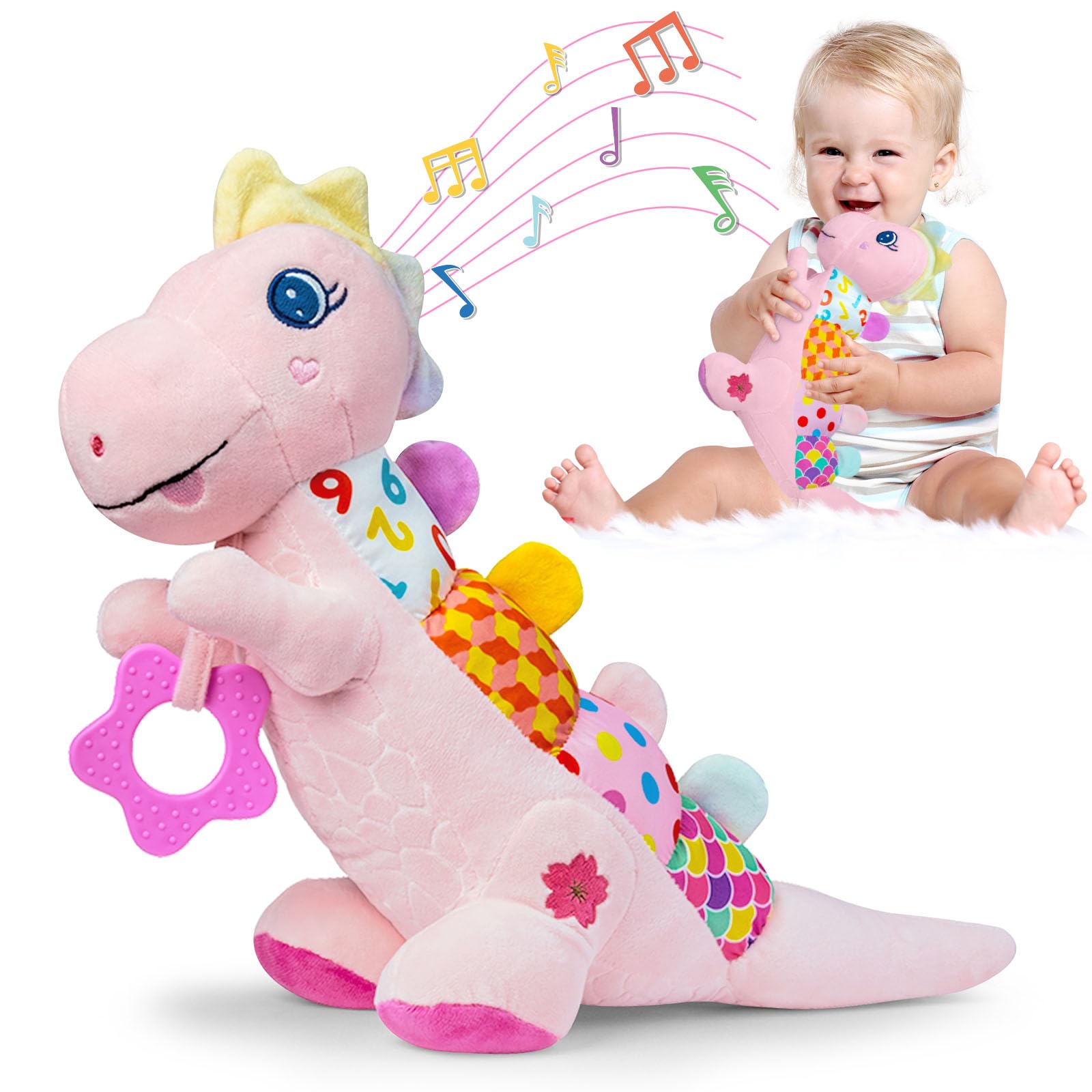 Baby Dino Musical Stuffed Animal Toys for 0-3-6-9-12 Months，Infant Dinosaur Tummy Time Toys with Crinkle Sound Paper，Teether，Textures & Rattles for Newborn Boys Girls Birthday Gifts，Pink