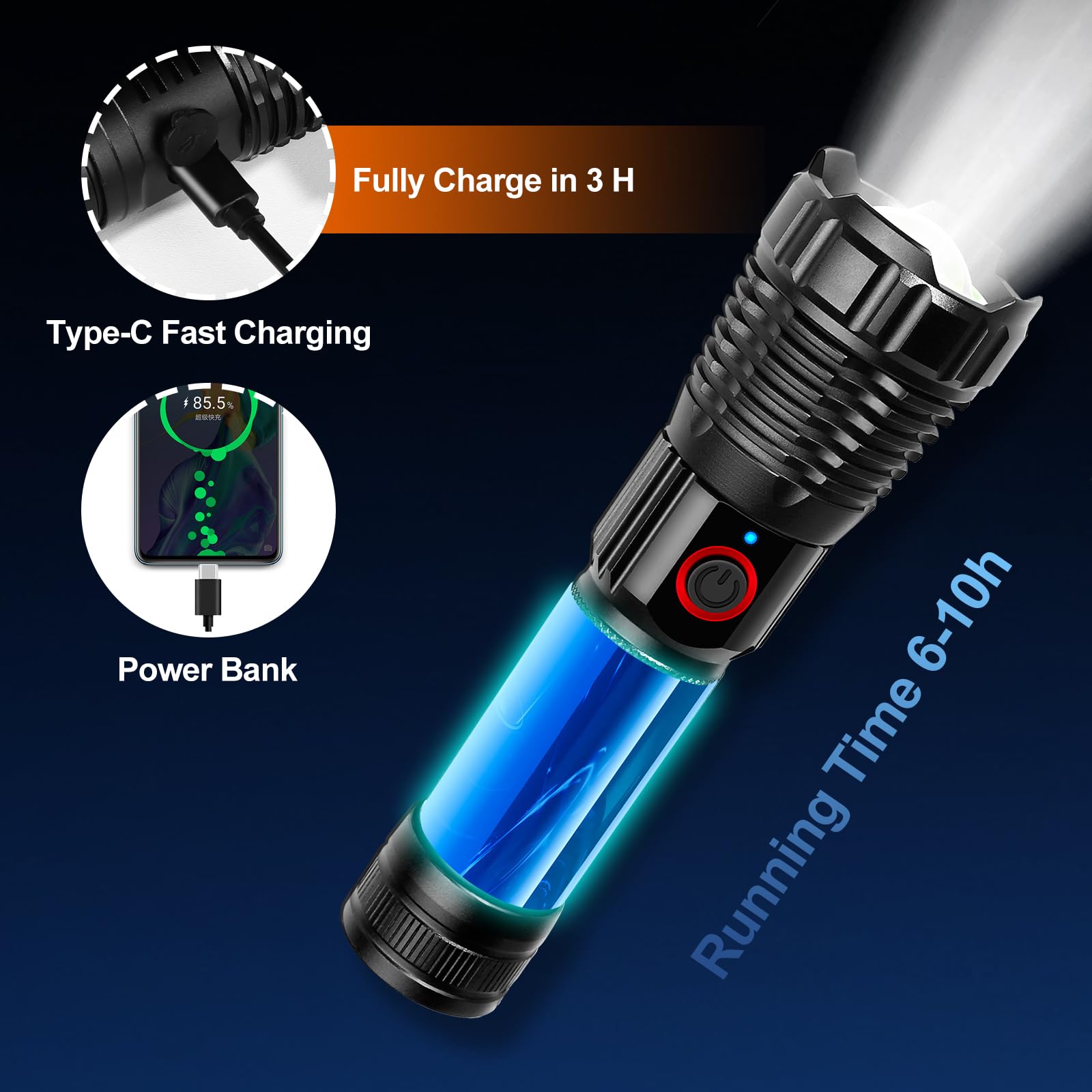Grace Marci Super Bright Rechargeable Flashlights, High Lumen 500000 Lumens, LED Flashlight with 5 Modes, IP55 Waterproof, Powerful Handheld Flashlight for Camping, Hiking, Emergency