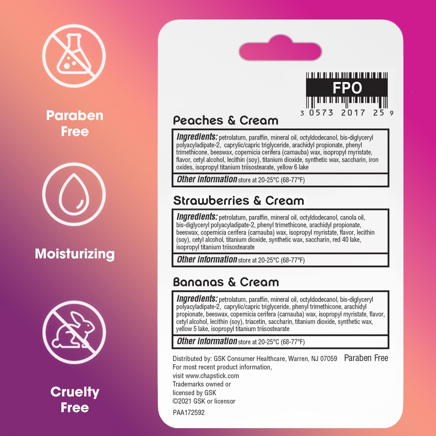 ChapStick Lip Balm, Fruit & Cream Collection 3-Pack – Peaches & Cream, Strawberries & Cream, and Bananas & Cream, 0.15 Oz Ea