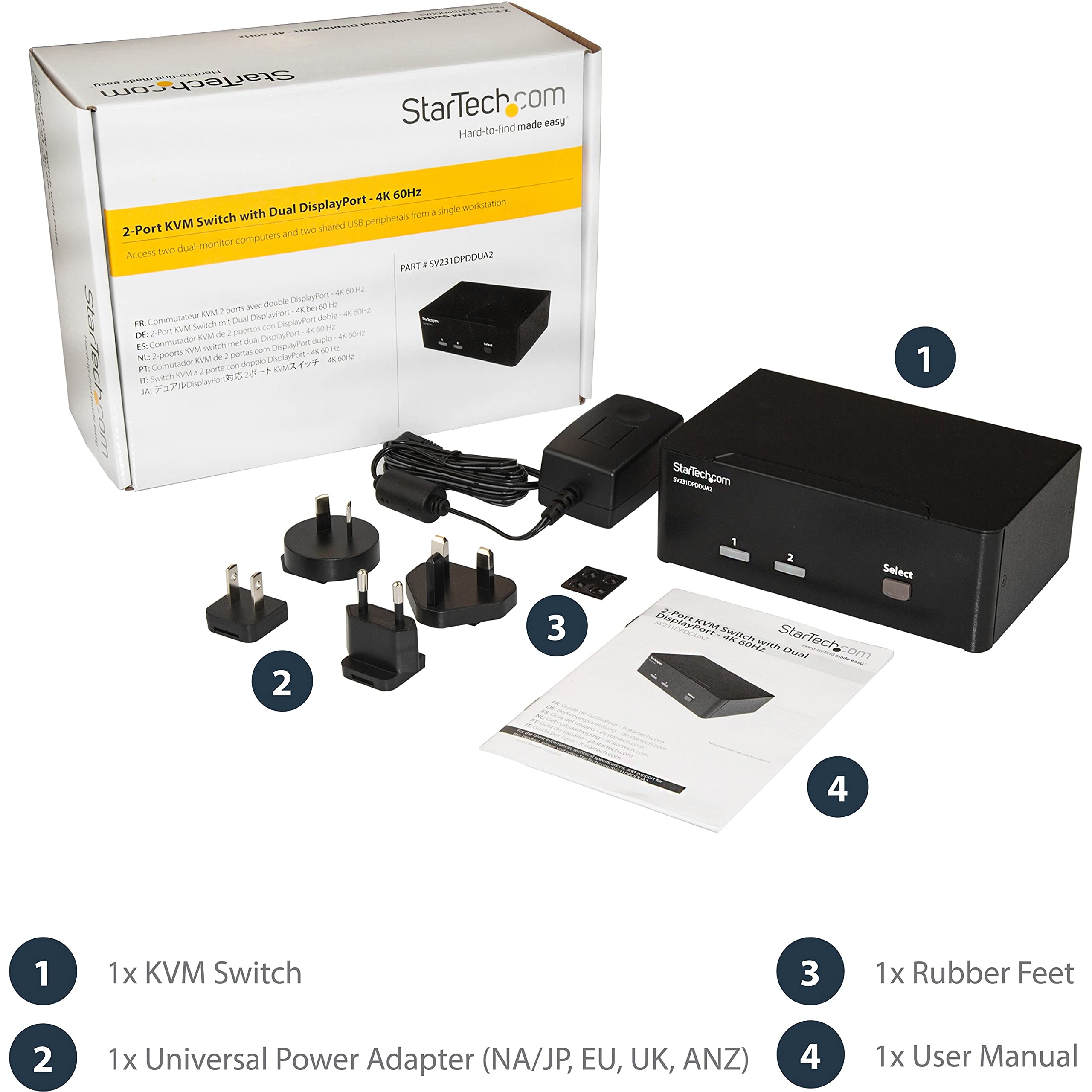 StarTech.com 2-Port DisplayPort KVM Switch - Dual-Monitor - 4K 60 - with Audio & USB Peripheral Support - DP 1.2 - USB Hub, TAA (SV231DPDDUA2)