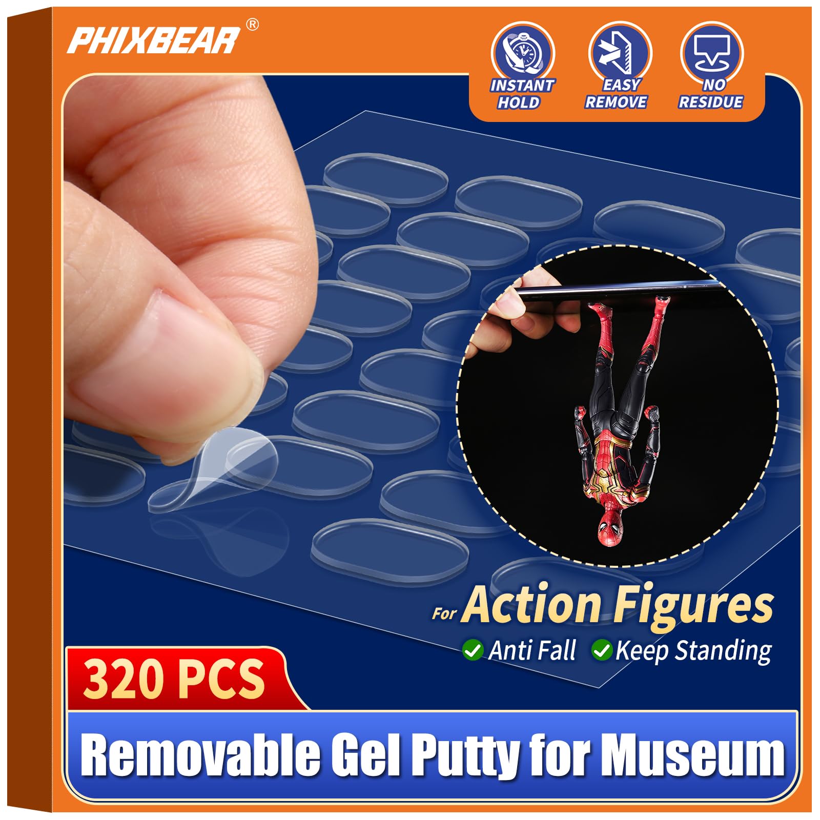 PHIXBEAR 320 Pcs Removable Gel Glue Putty for Museum Action Figures, Clear Earthquake Putty Adhesive Dots, Sticky Tack for Wall Hanging, 0.31x 0.51 Wax Mounting Tape