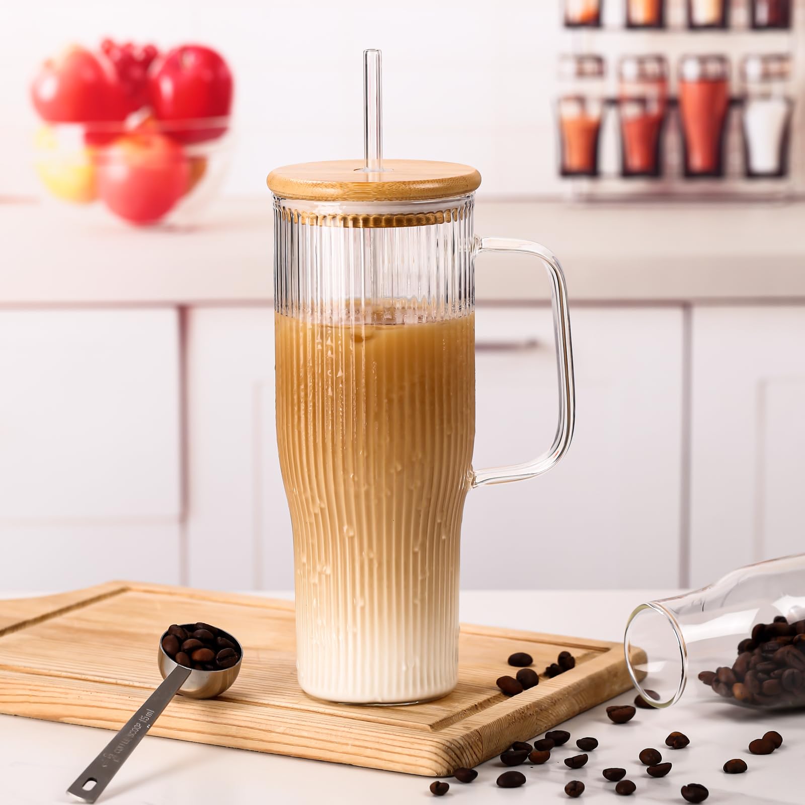 SIPBYSOP 40 oz Ribbed Glass Tumbler with Handle, 2 Pack Glass Cups with Lids and Straws, Large Iced Coffee Cup,Borosilicate, with Bamboo Lid and 4 Straws
