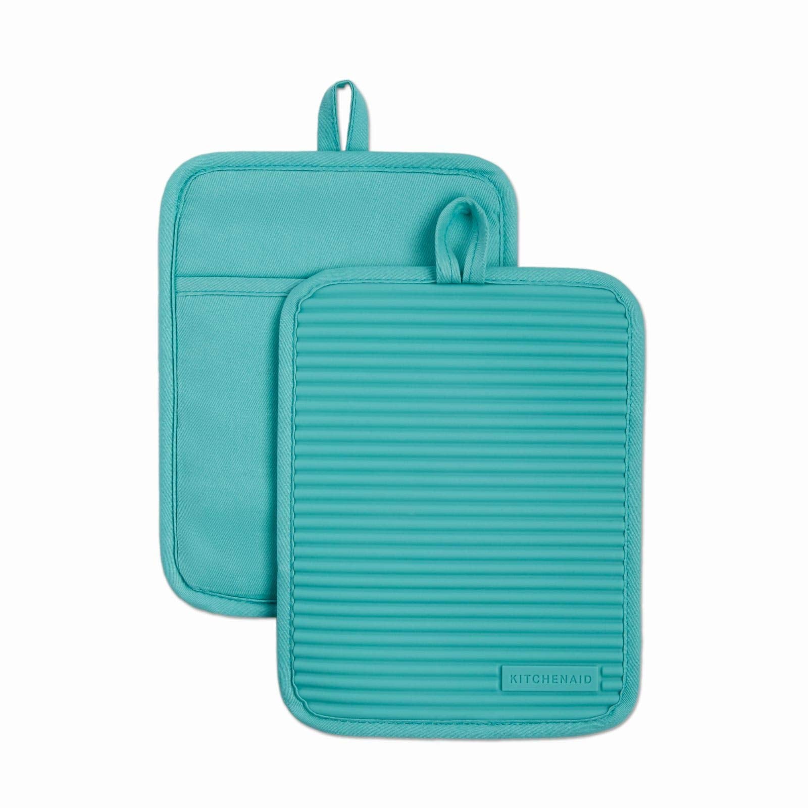 KitchenAid Ribbed Soft Silicone Water Resistant Pot Holder Set, Aqua Sky, 2 Piece Set