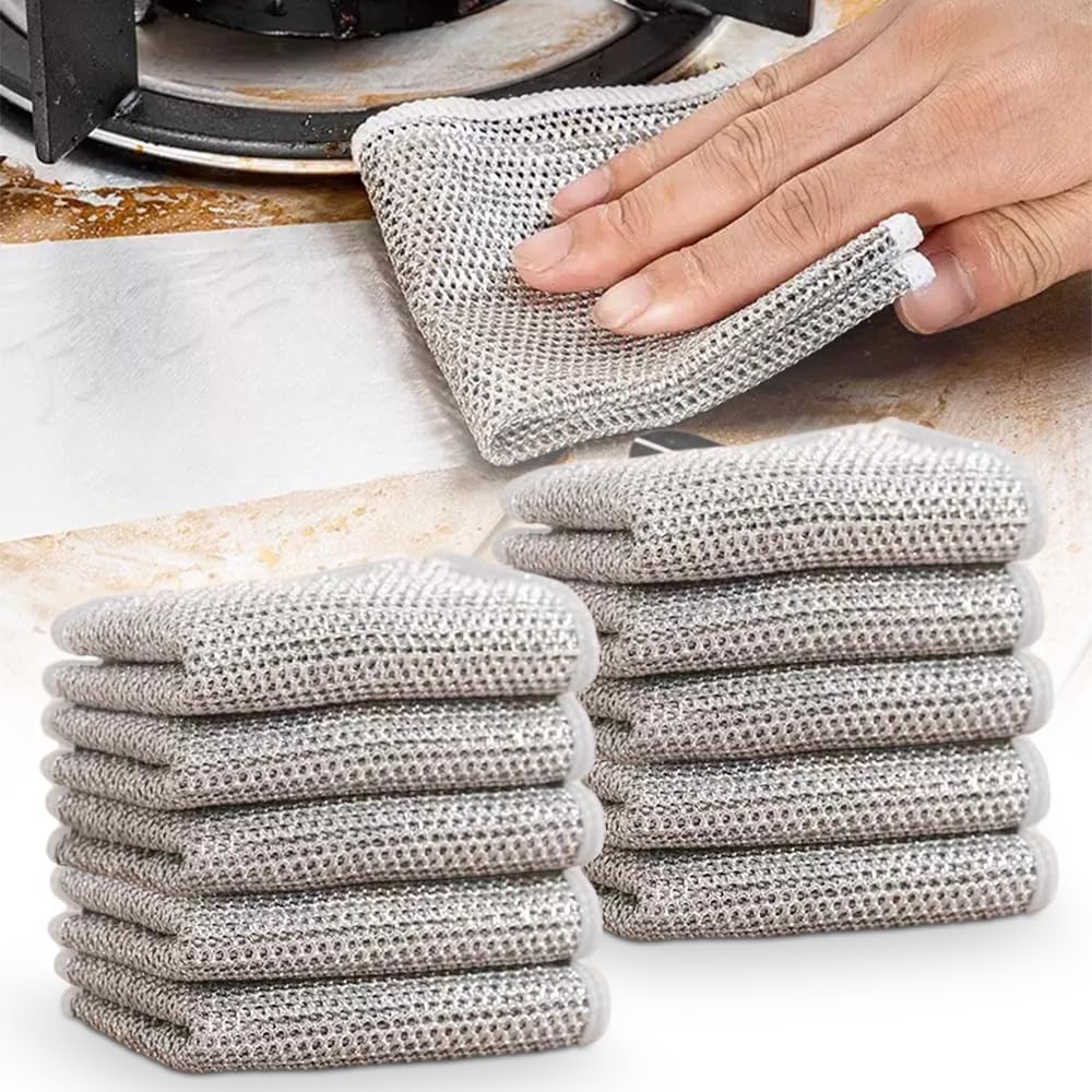 Multipurpose Wire Dishwashing Rags for Wet and Dry, 2024 Reusable Non Scratch Metal Wire Dishcloth, Upgrade Metal Scrubbing Pads Sponge Clean for Home Kitchen Stove Tops (10Pcs)