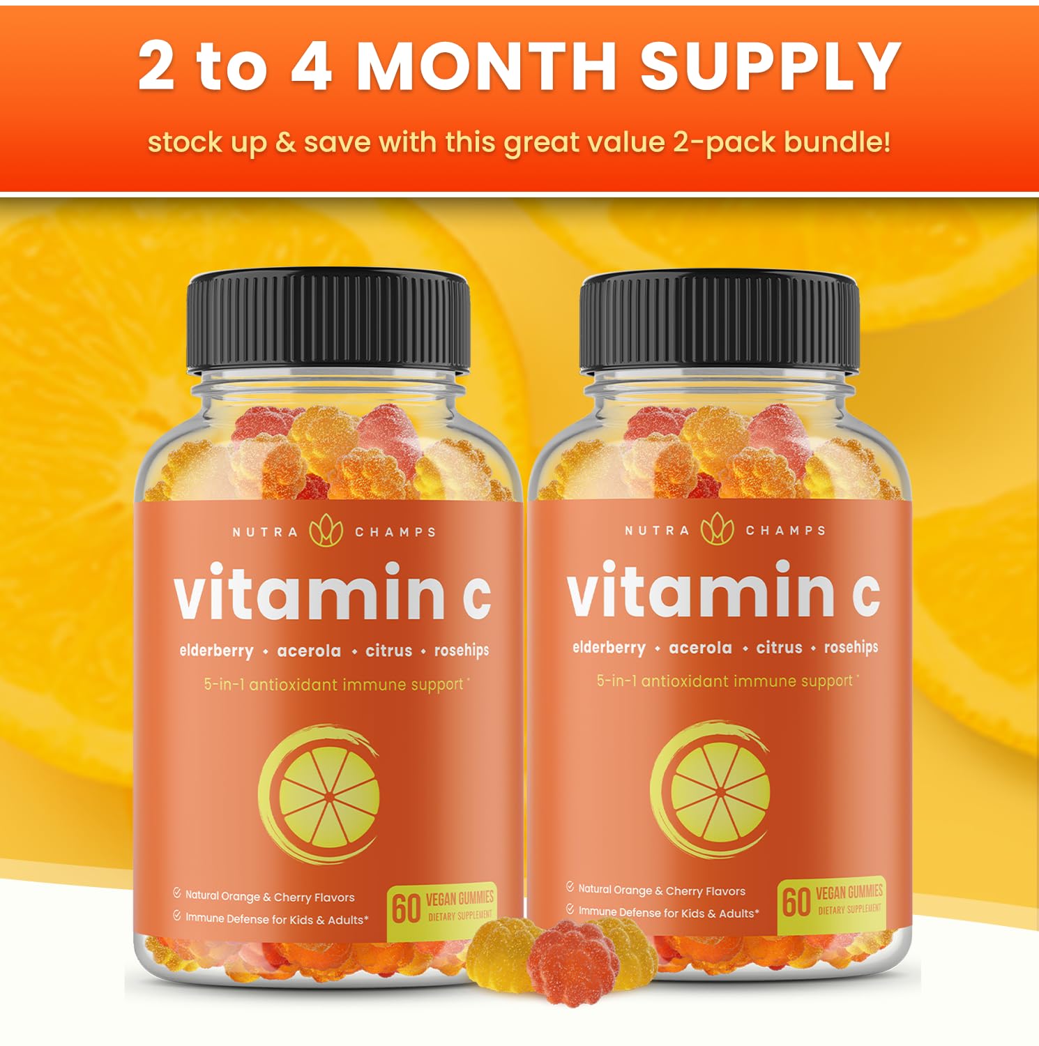 Vitamin C Gummies for Adults & Kids | 5-in-1 Immune System Support with Elderberry, Rosehips, Citrus Bioflavonoids & Acerola Cherry | Vegan VIT C Immunity Booster Supplement Chewable Gummy (2 Pack)