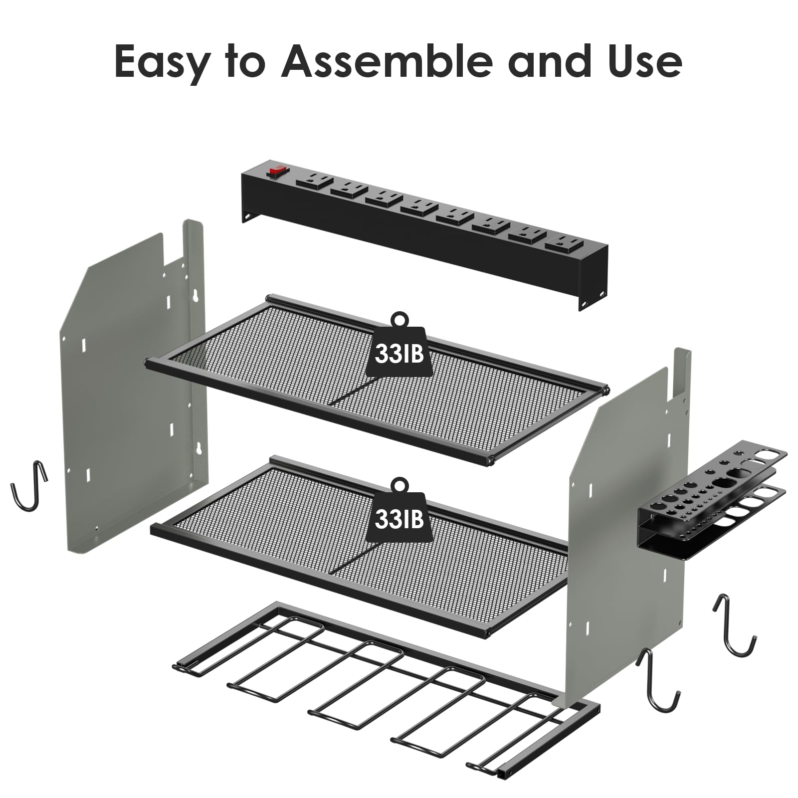 CCCEI Set Power Tool Organizer Wall Mount with Charging Station. Garage 4 Drill Storage Shelf with Hooks, Heavy Duty Metal Tool Battery Charger Organizer. Shop Utility Rack with Power Strip Grey.