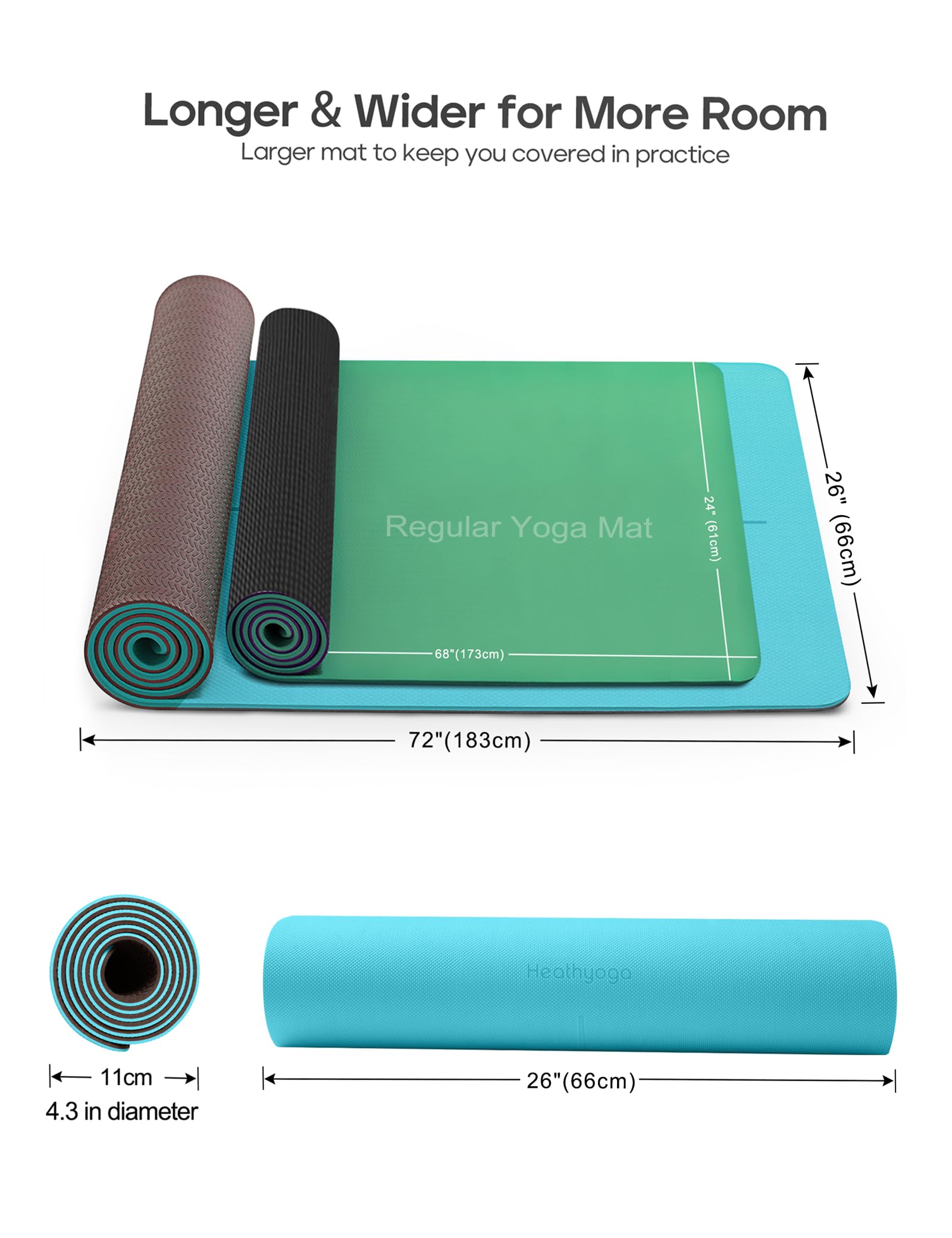 Heathyoga Eco Friendly Non Slip Yoga Mat, Body Alignment System, SGS Certified TPE Material - Textured Non Slip Surface and Optimal Cushioning,72"x 26" Thickness 1/4"