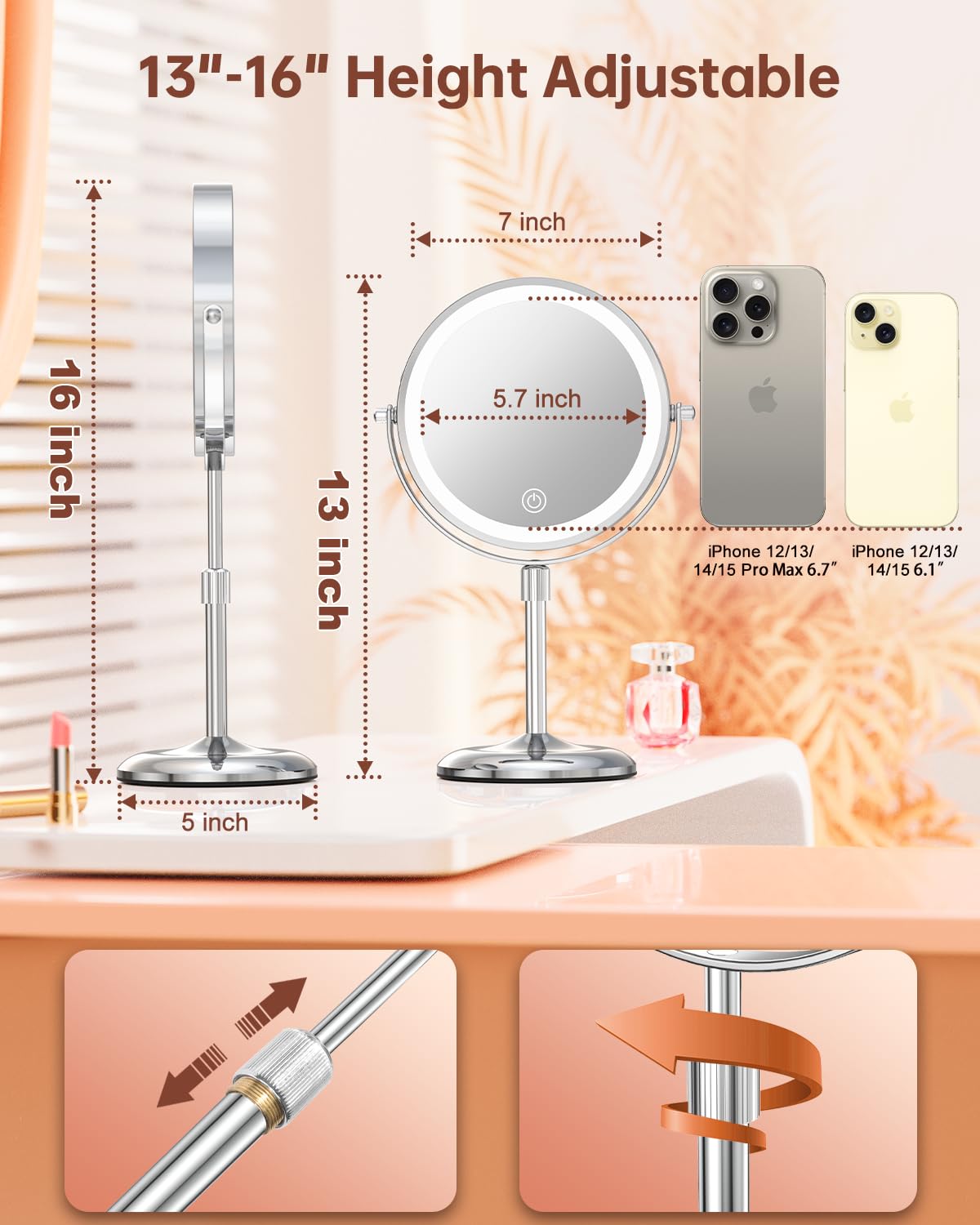 Benbilry Lighted Makeup Mirror with 10X Magnification & 3 Color Lights, Adjustable Brightness & Height, 7 Inch 360° Swivel Rechargeable LED Magnifying Mirror Make Up Mirror with Lighting (Silver)