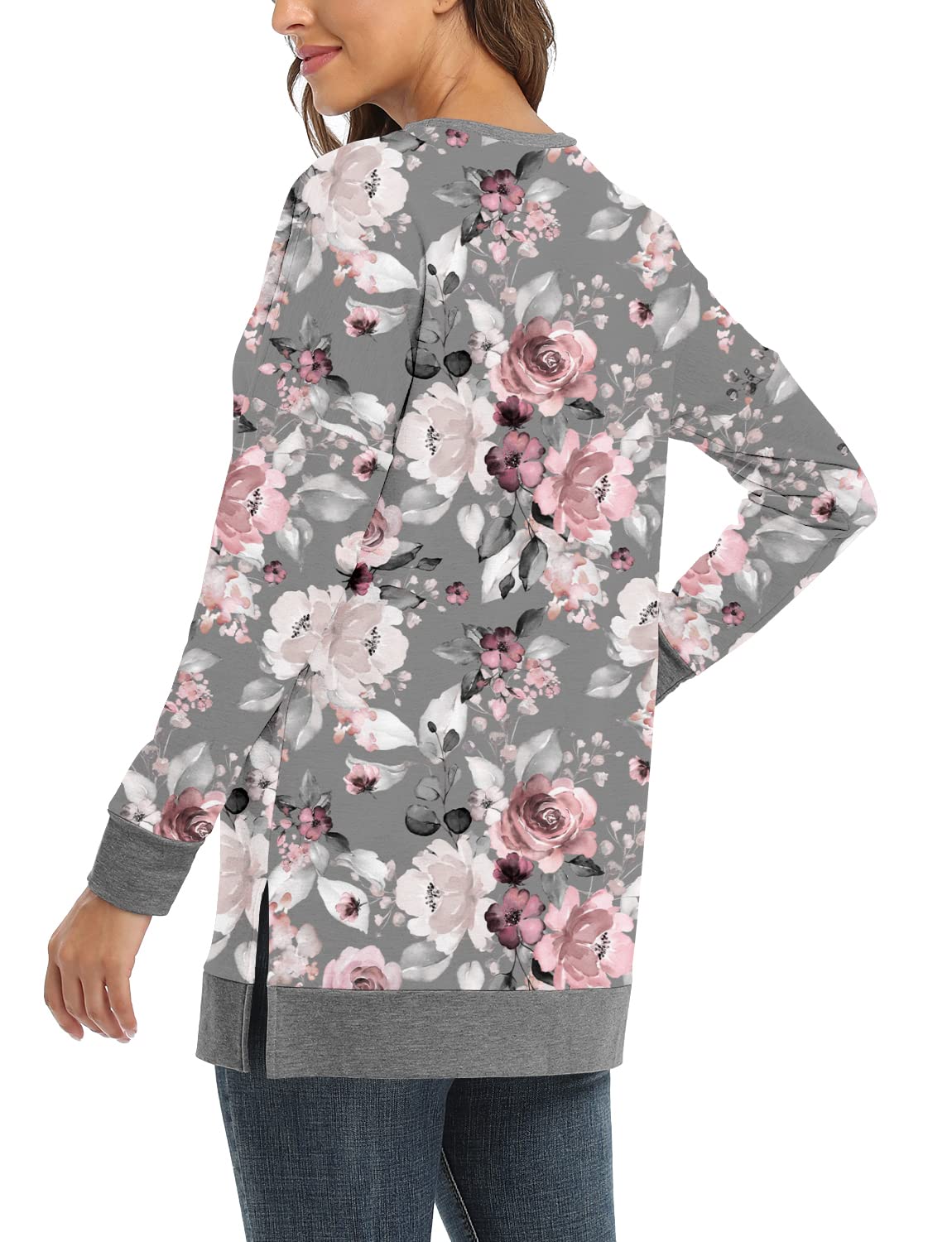 BETTE BOUTIK Floral Grey Crewneck Womens Long Sleeve Top Floral woman Long Sleeve Long shirt With Side Slit Grey Ladies Tunic Sweater Pink Grey Flower Large