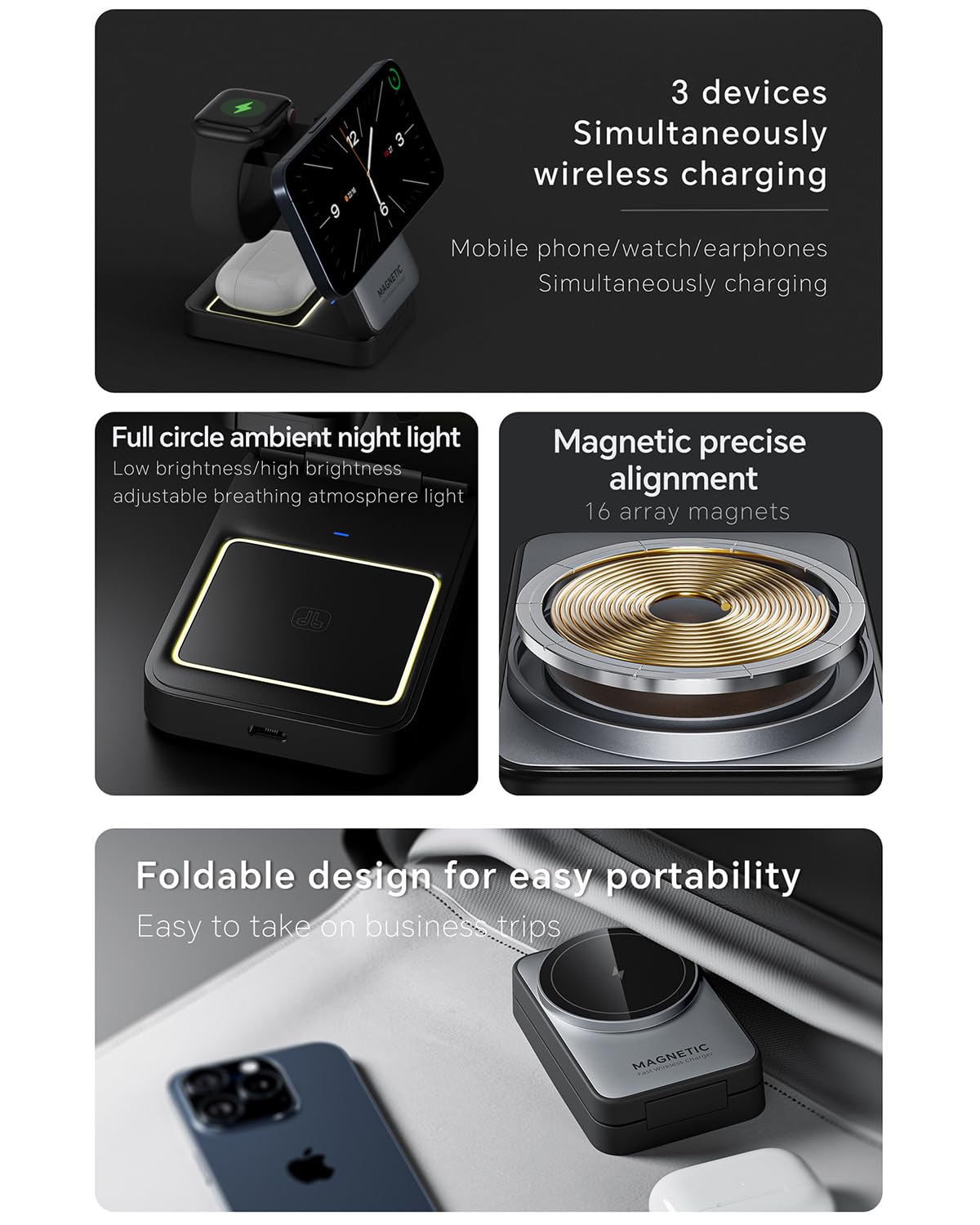 2024 Upgraded 3-in-1 Wireless Charger for iPhone,Travel Magnetic Charger Stand Nightlight Foldable Wireless Charging Station Compatible with Magsafe Charger&iPhone 16/15/14/13/12,Apple Watch&AirPods