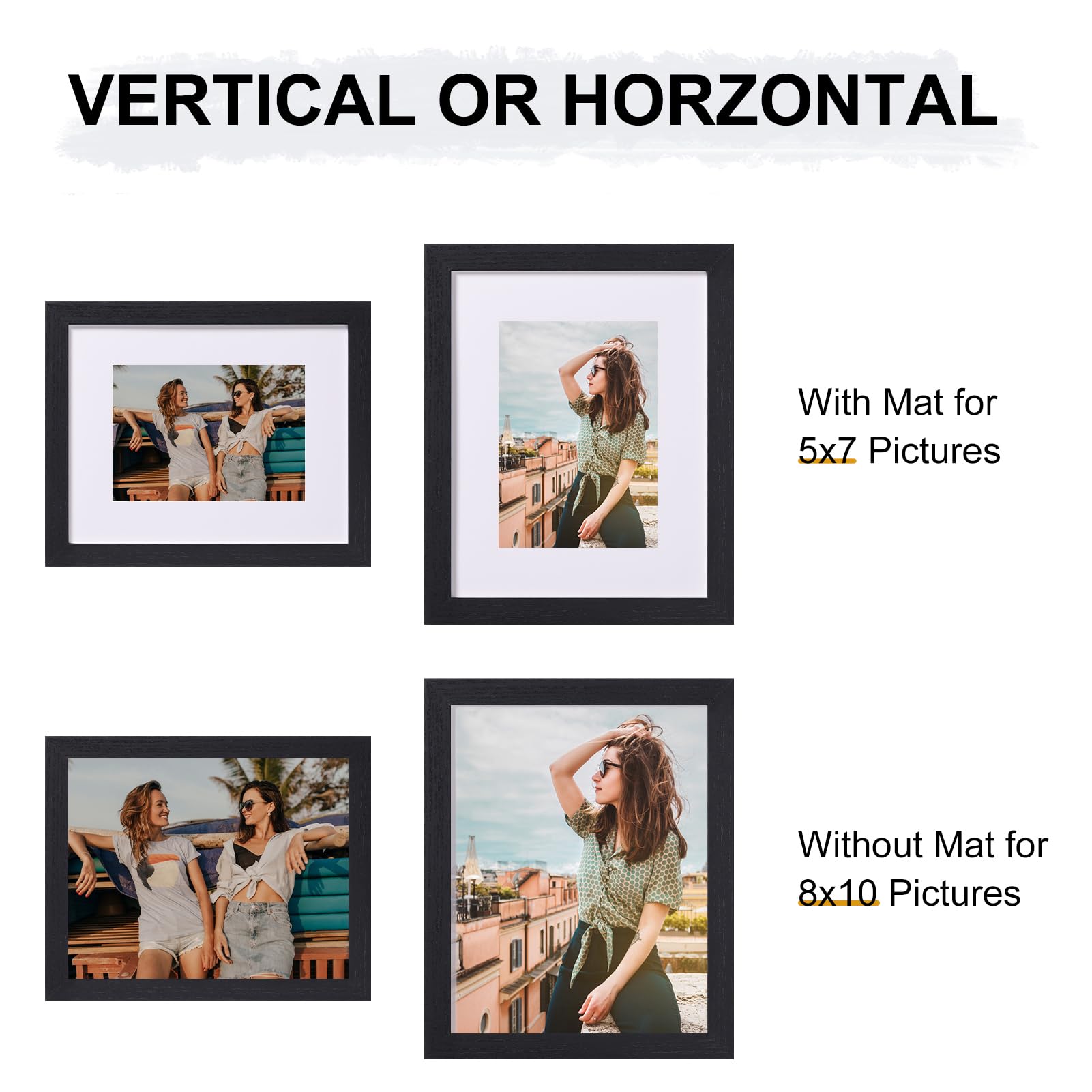 Vittanly 8x10 Picture Frames for Wall Set of 9, Display 5x7 Pictures with Mat or 8x10 without Mat, Collage Frames for Wall or Tabletop, Perfect for Home Décor and Gifts, Black