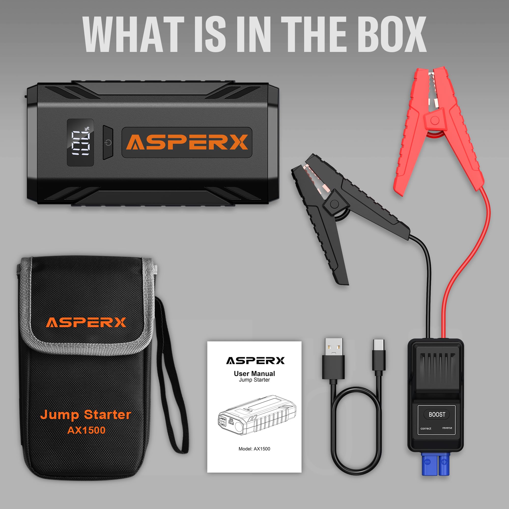 ASPERX Car Jump Starter, 1500A Peak Battery Starter for Up to 7.0L Gas or 5.5L Diesel Engine, 12V Portable Power Pack with 1.4 INCH LCD Display