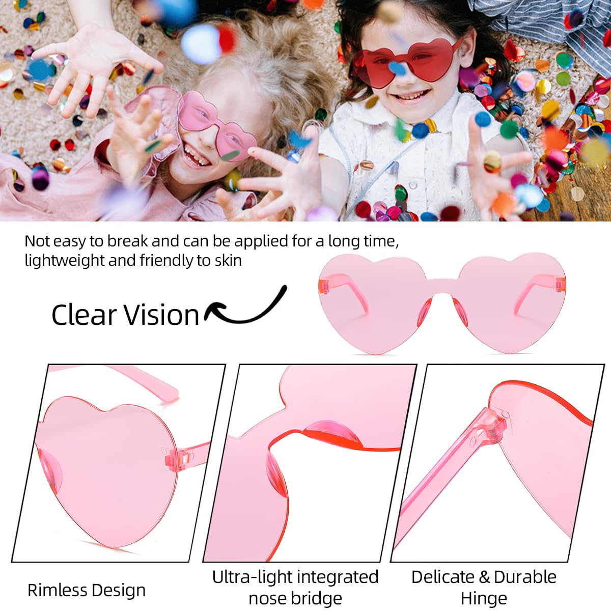 Colrea 12 Pairs Heart Sunglasses for Women Men, Trendy Heart Shaped Rimless Transparent Sunglasses, Colorful Frameeless Heart Glasses, Bachelorette Party Favors