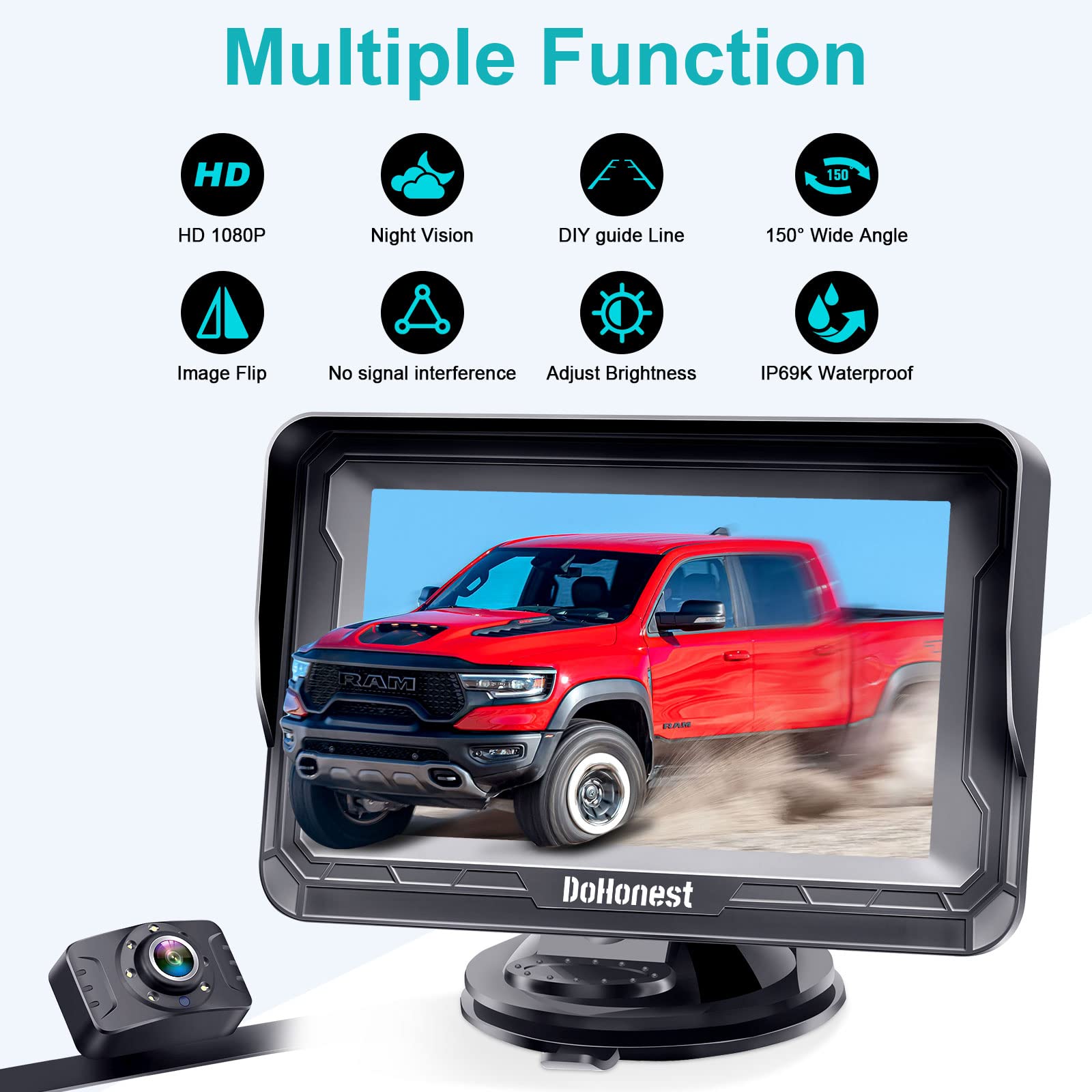 Backup Camera Car Reverse Cam - Easy Setup HD 1080P Auto Color Night Vision Truck Rear View Monitor Kit for SUV Pickup Sedan No Delay 150° Wide View DIY Parking Lines Waterproof DoHonest S01