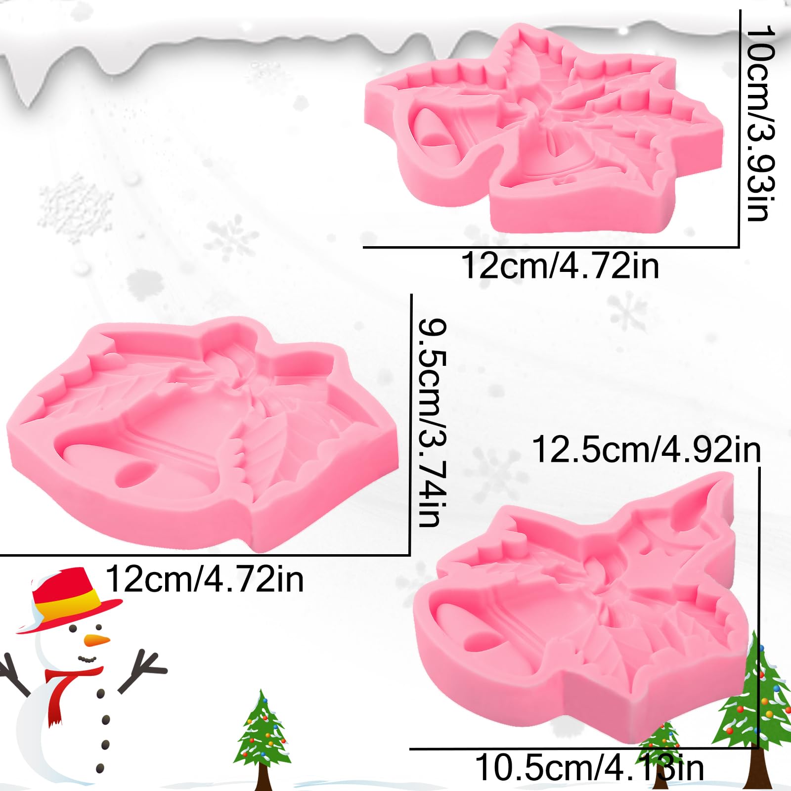 Luxurious Large Christmas Bell Fondant Molds 3 Pcs, Holly Leaves Embellished Cake Decoration Silicone Mold, Rendering Festive Atmosphere to Make Delicious Desserts Candy Mousse Chocolate, Clay Resin