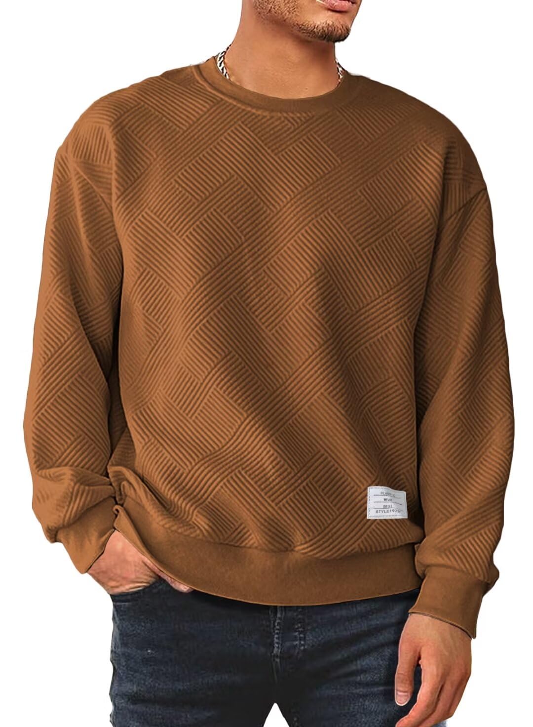 Dokotoo Men Mens Fashion Sweatshirts Fall Winter Clothes Long Sleeve Lightweight Thin Shirt Geometric Texture Dressy Crewneck Pullover Sweaters Dark Brown X-Large