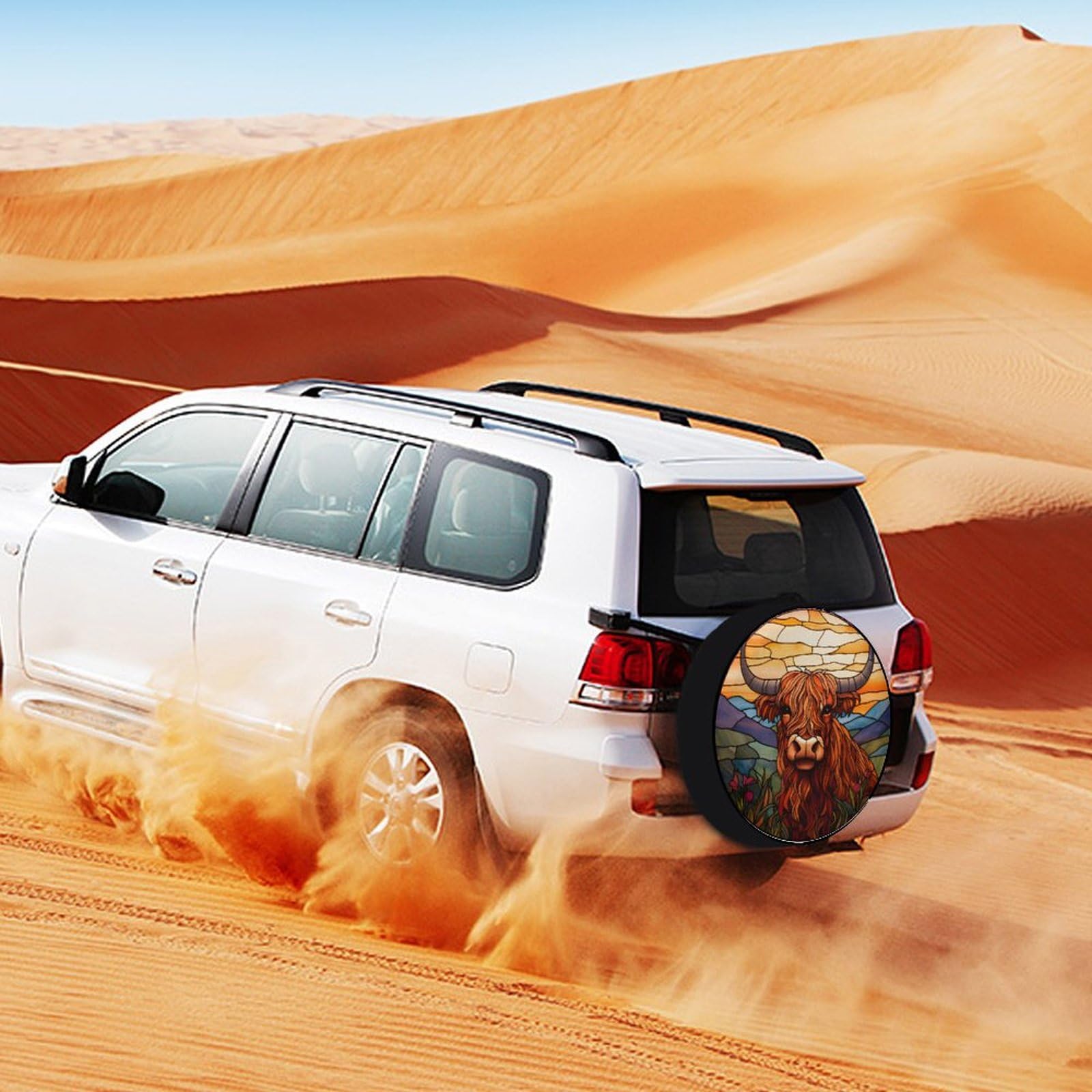 KIOWEIR Spare Tire Cover Highland Cowbright Stained Glass Wheel Tire Cover Universal Dust-Proof Tire Protectors for Trailer Rv Van SUV Truck Camper and Many Vehicle for Diameter 34''