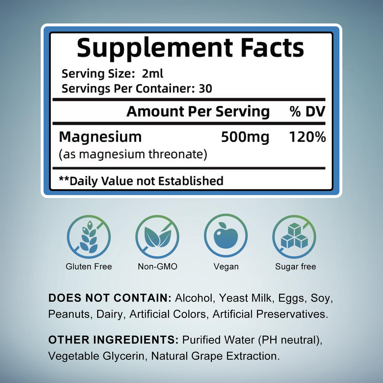 Magnesium Threonate Liquid 500mg, for Adults &Kids, Vegetable Glycerin Base with Better Dissolve, Best Mg for Brain Health, Stress & Muscle Relief, Nerve Health, Non-GMO, Gluten-Free, Vegan, 2 FL.OZ.