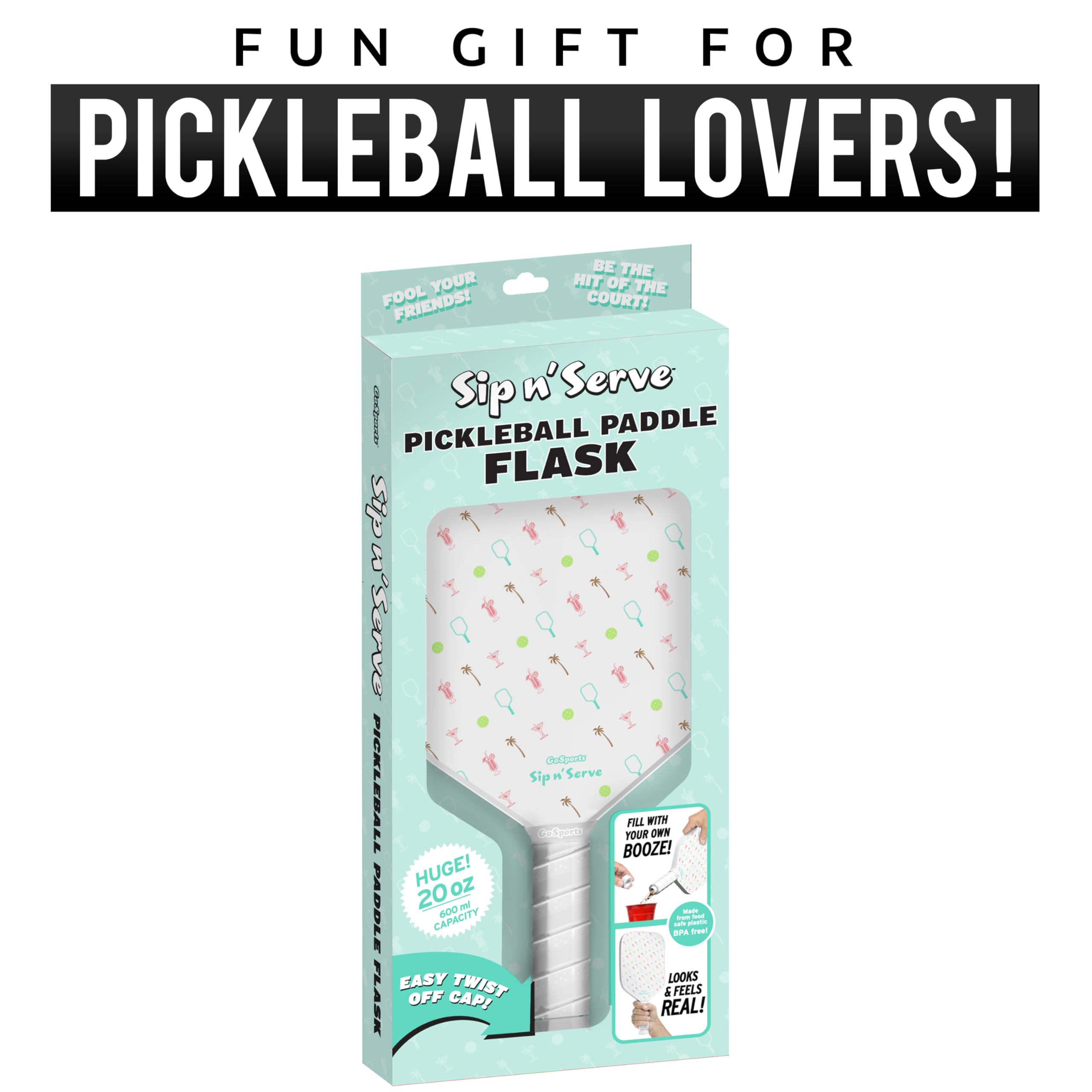 GoSports Sip N' Serve Pickleball Paddle Flask (20 oz) - Hidden Alcohol Travel Flask - Funny Liquor Gift – Includes Funnel & Spout