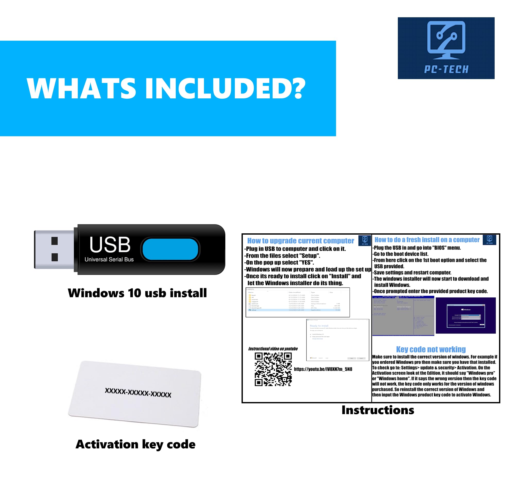 PC-TECH Compatible with Windows 10 Professional 64 Bit USB With Key. Factory fresh, Recover, Repair and Restore. Key code and USB install Included. Fix PC, Laptop and Desktop. Free Technical Support