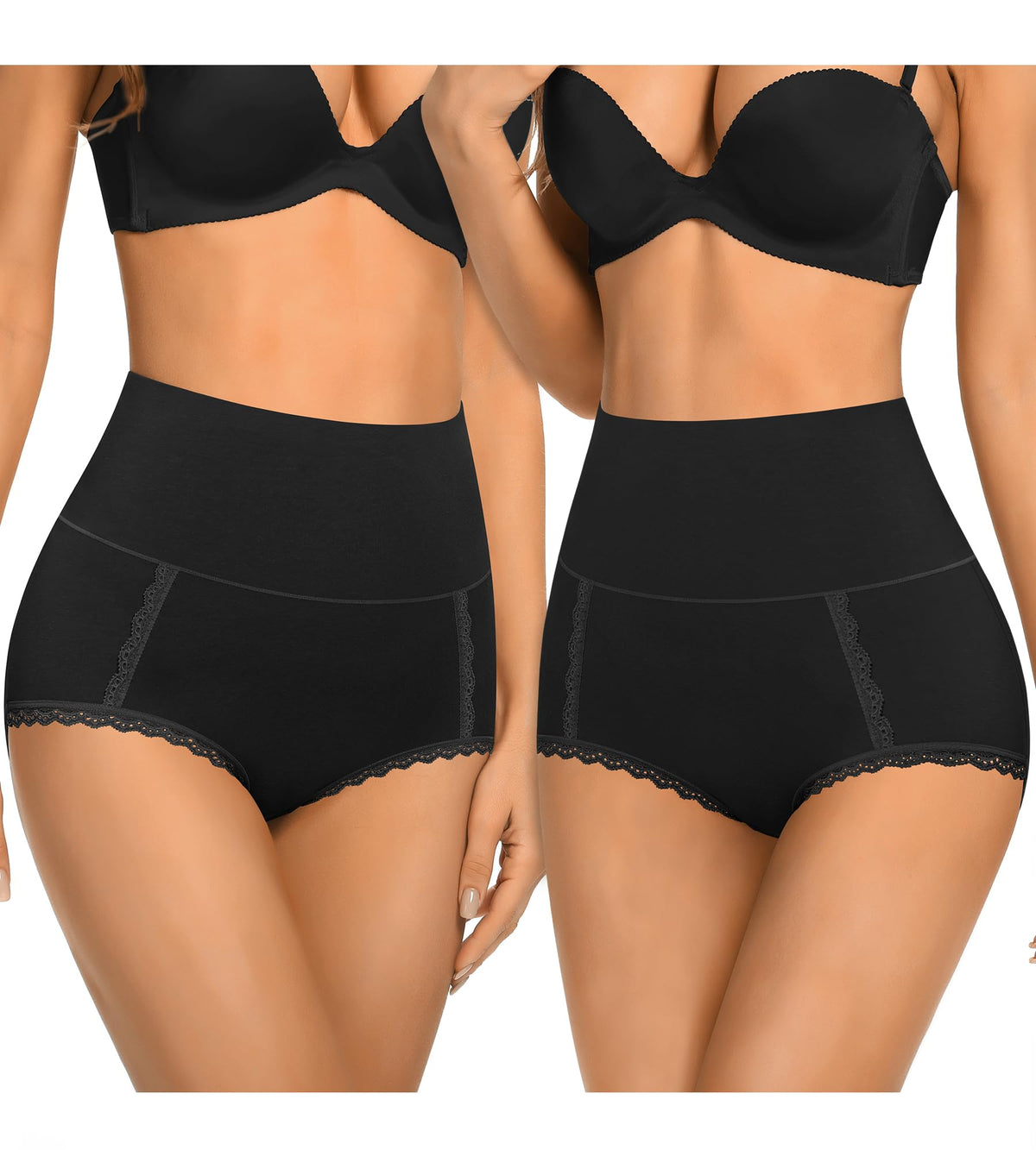DUKAWA High Waisted Cotton Womens Underwear Tummy Control Black Briefs C Section Postpartum Plus Size Panties For Ladies 5-Packs Large