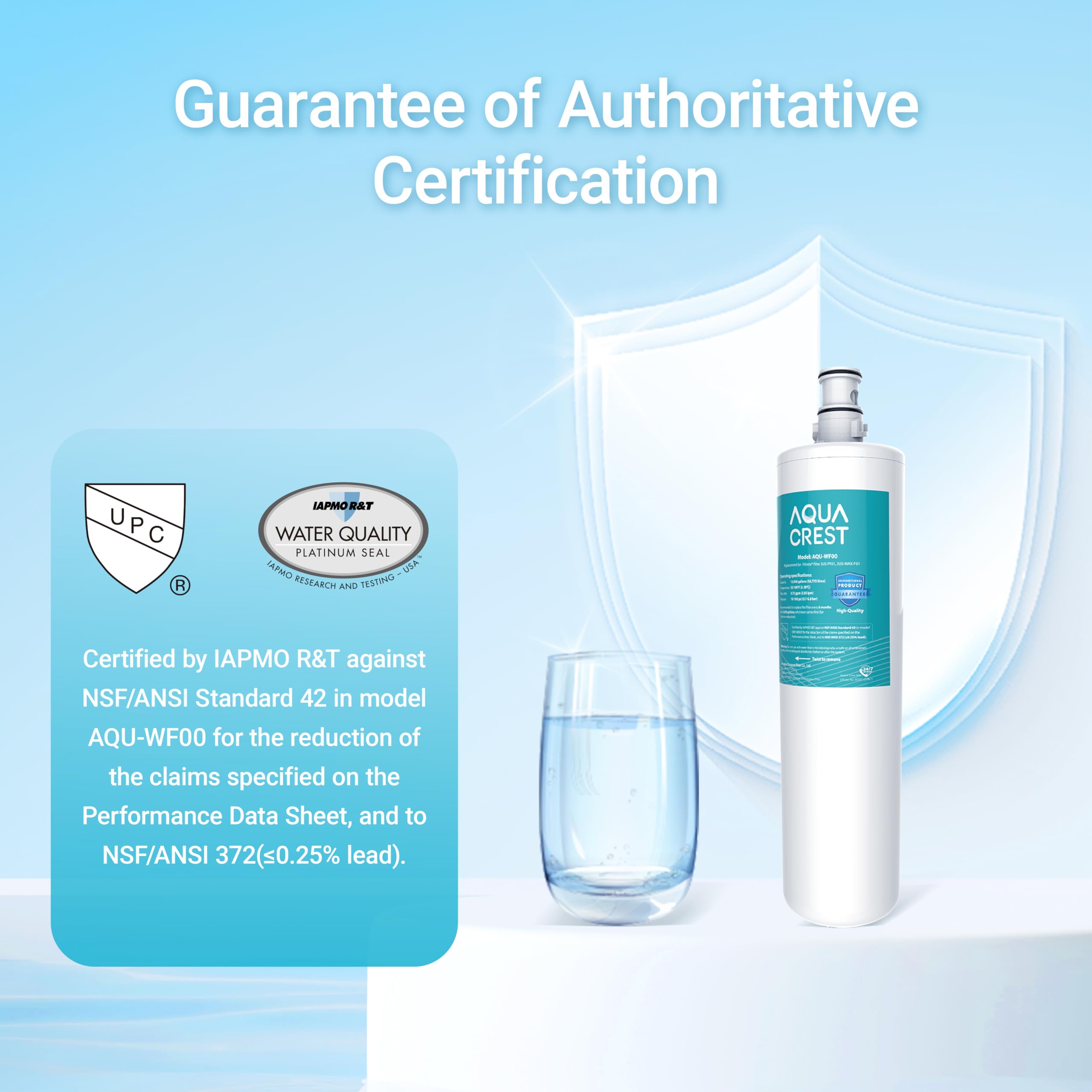 AQUA CREST 3US-PF01 3US-MAX-F01 Replacement Filter, NSF/ANSI 42 Certified Replacement for Filtrete® 3US-PF01, 3US-MAX-F01H, 3US-PS01, Delta RP78702, Manitowoc K-00338, HF20 HF25 Water Filter, 2 Pack