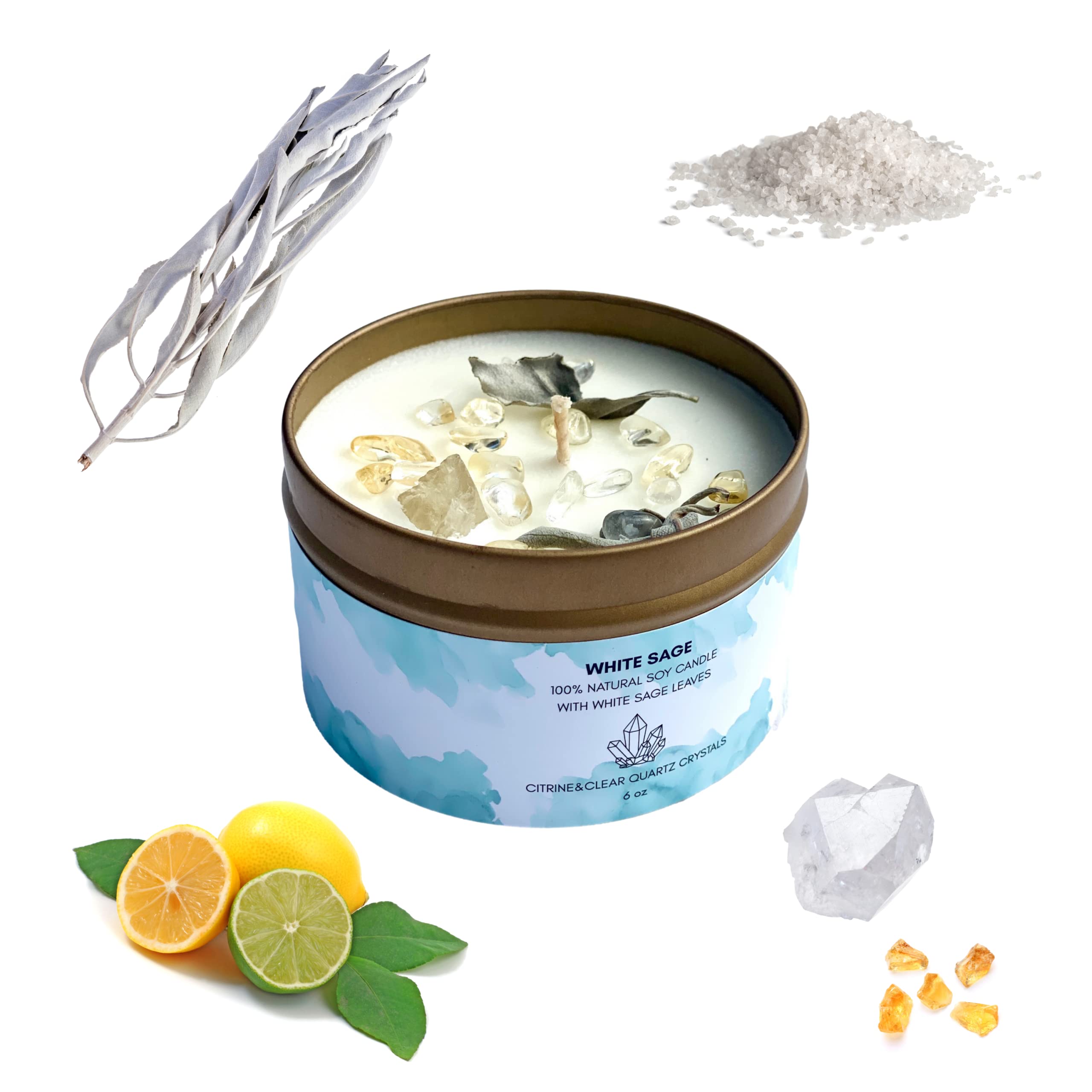 Picki Nicki White Sage Smudge Candle with Citrine and Quartz Gemstone Crystals 9 oz Made with Natural Soy Wax Scented with Essential and Fragrance Oils (White)