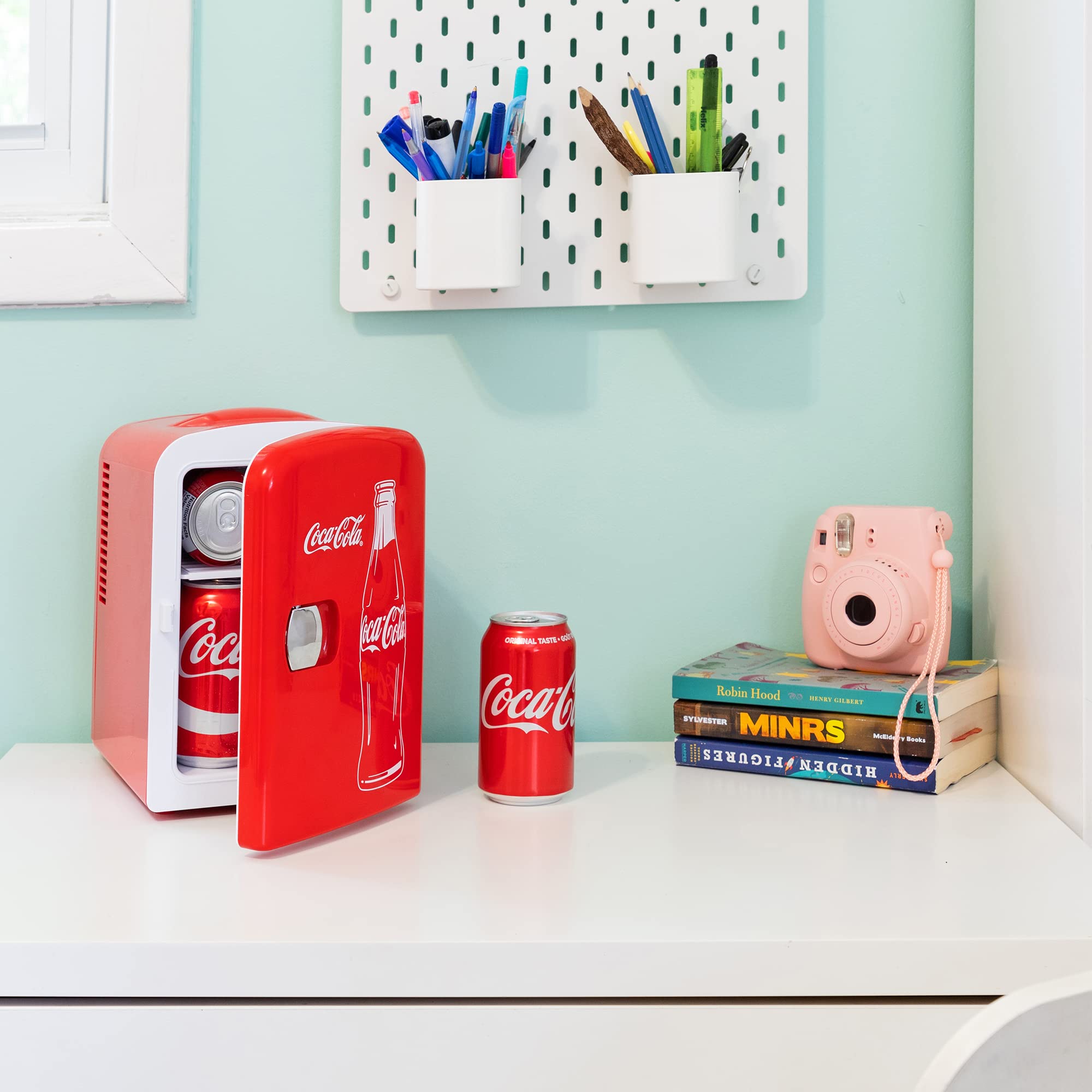 Coca Cola Mini Fridge for Bedroom Skincare Cosmatic Office 4L Small Refrigerator 6 Can Mini Refrigerator Dorm Fridge Portable Cooler 12V DC 110V AC Personal Travel Refrigerator Snacks Drinks Red