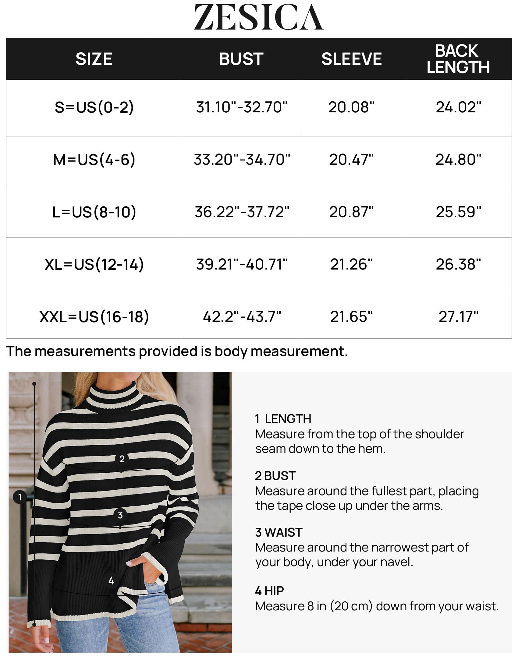 ZESICA Women's Winter Sweaters Casual Turtleneck Long Sleeve Striped Side Slit Loose Pullover Sweater Jumper Tops,Black,Small