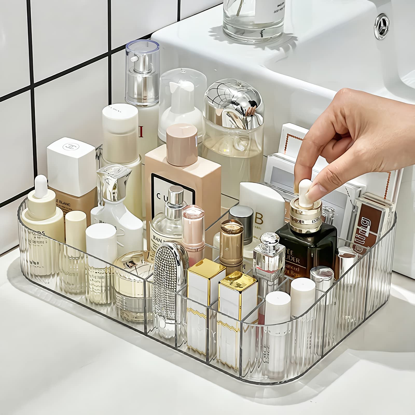 Decorcode Clear Vanity Makeup Organizer | 12-Compartment Holder for Brushes, Eyeshadow Palettes, & Beauty Supplies | Stacks Storage Drawers