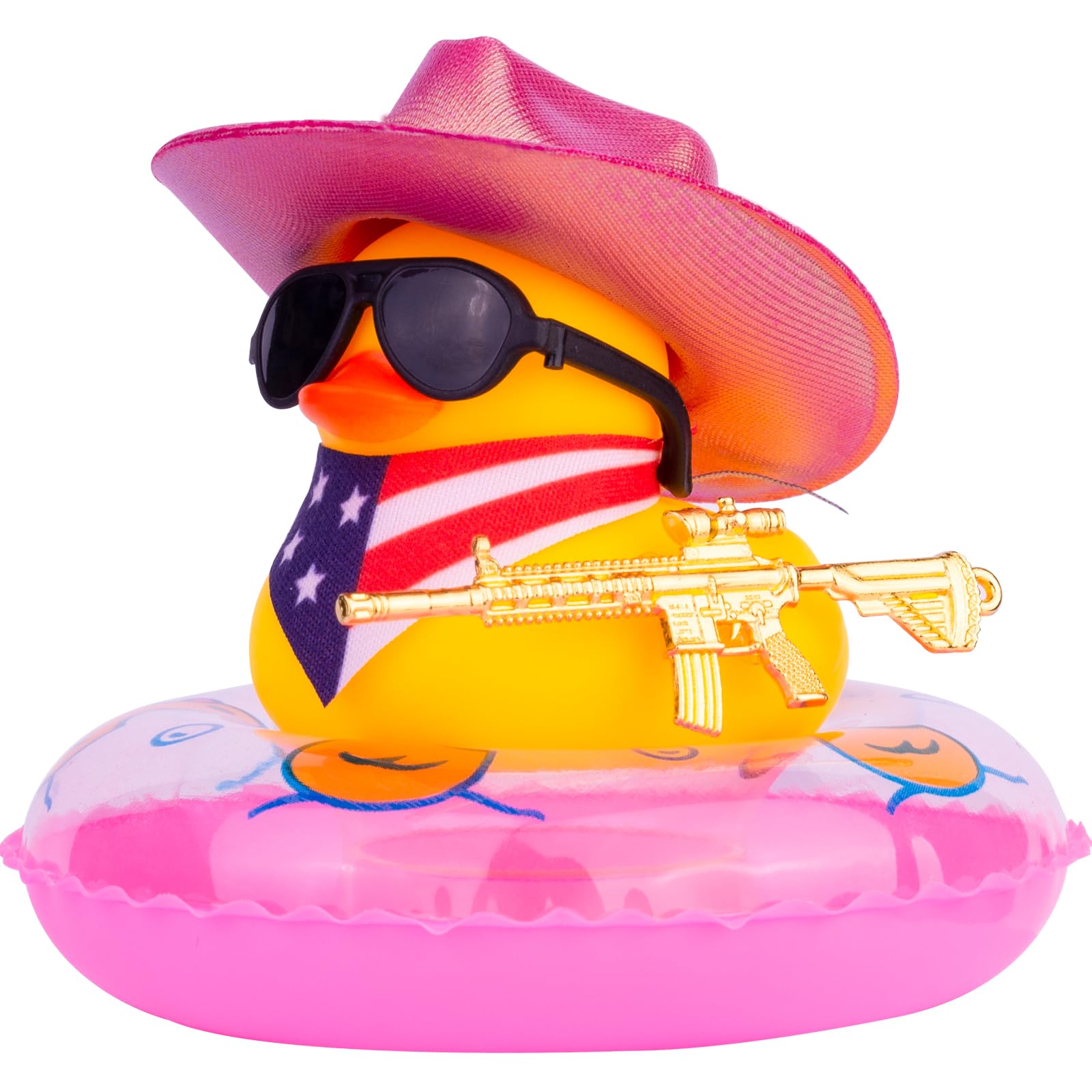 MuMyer Rubber Ducks for Cars Dashboard, Cowboy Duck Car Dashboard Decorations Accessories with Mini Holographic Cowboy Hat Swim Ring Scarf Sunglasses and Special Prop(Rose&US)