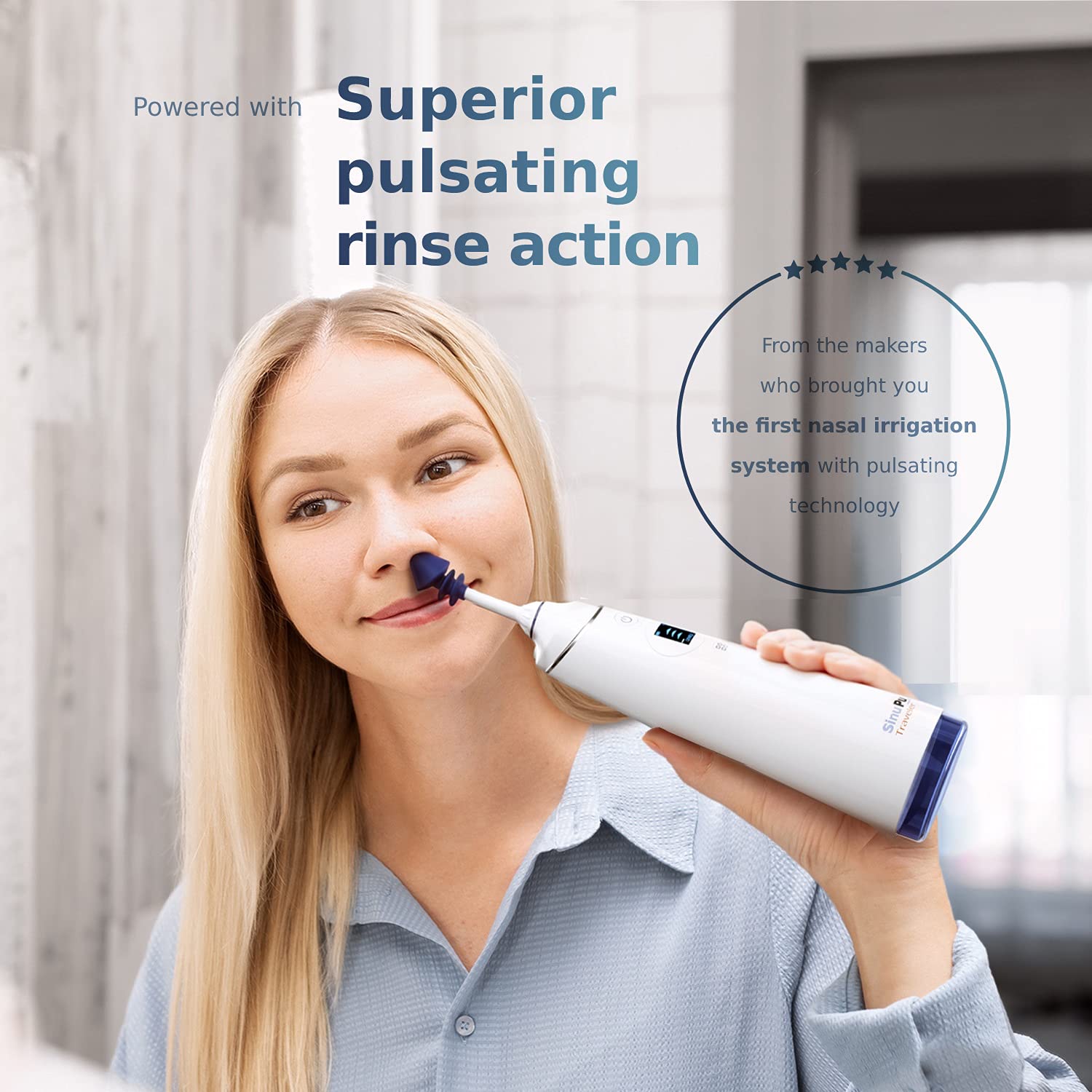 SinuPulse Traveler with 30 Sinuair Packets - Cordless Pulsating Nasal Irrigation Sinus Rinse System, Space Saving Cleaner & Relief Machine for Travel, More Effective than Neti Pot or Nose Spray Bottle