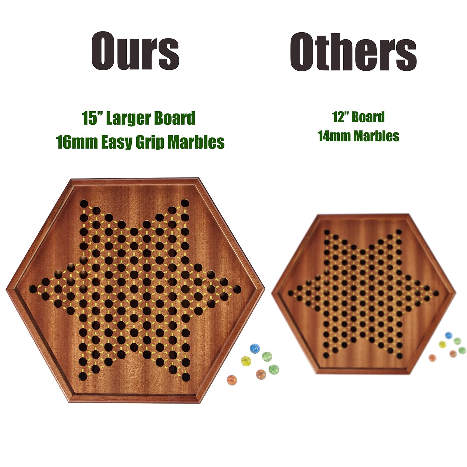 VAMSLOVE Chinese Checkers 15" Large Upgraded Version Wooden Game Board, 16mm 60+12 Colorful Glass Marbles, Easy Grasping for Adults and Kids, w/Storage Drawer, Fun for Family Gathering