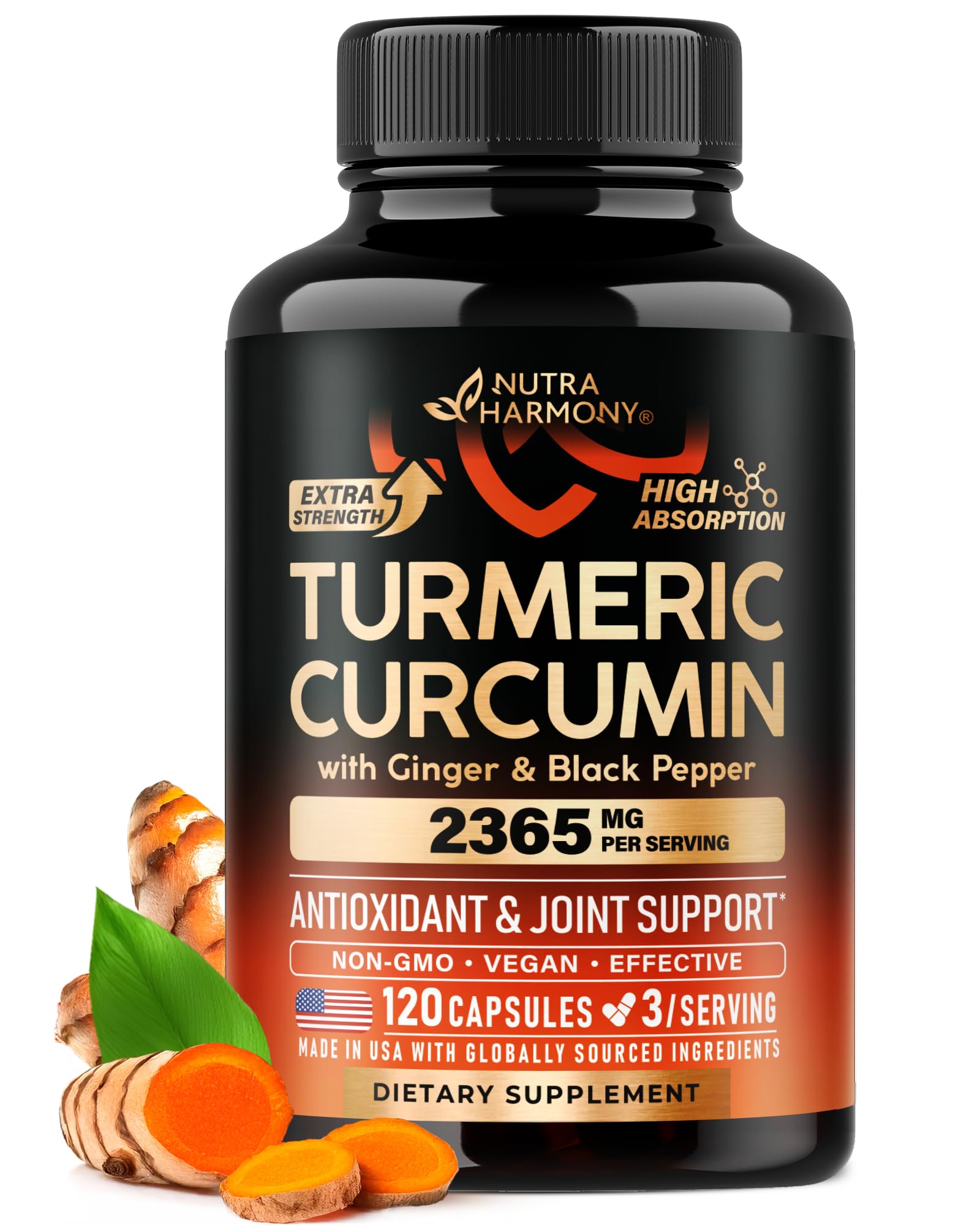 Turmeric Curcumin Supplement 2365 mg - Turmeric with Ginger & Black Pepper - Highly Bioavailable & Extra Strength 95% Curcuminoids - Antioxidant, Immunity & Joint Support - Made in USA - 120 Capsules