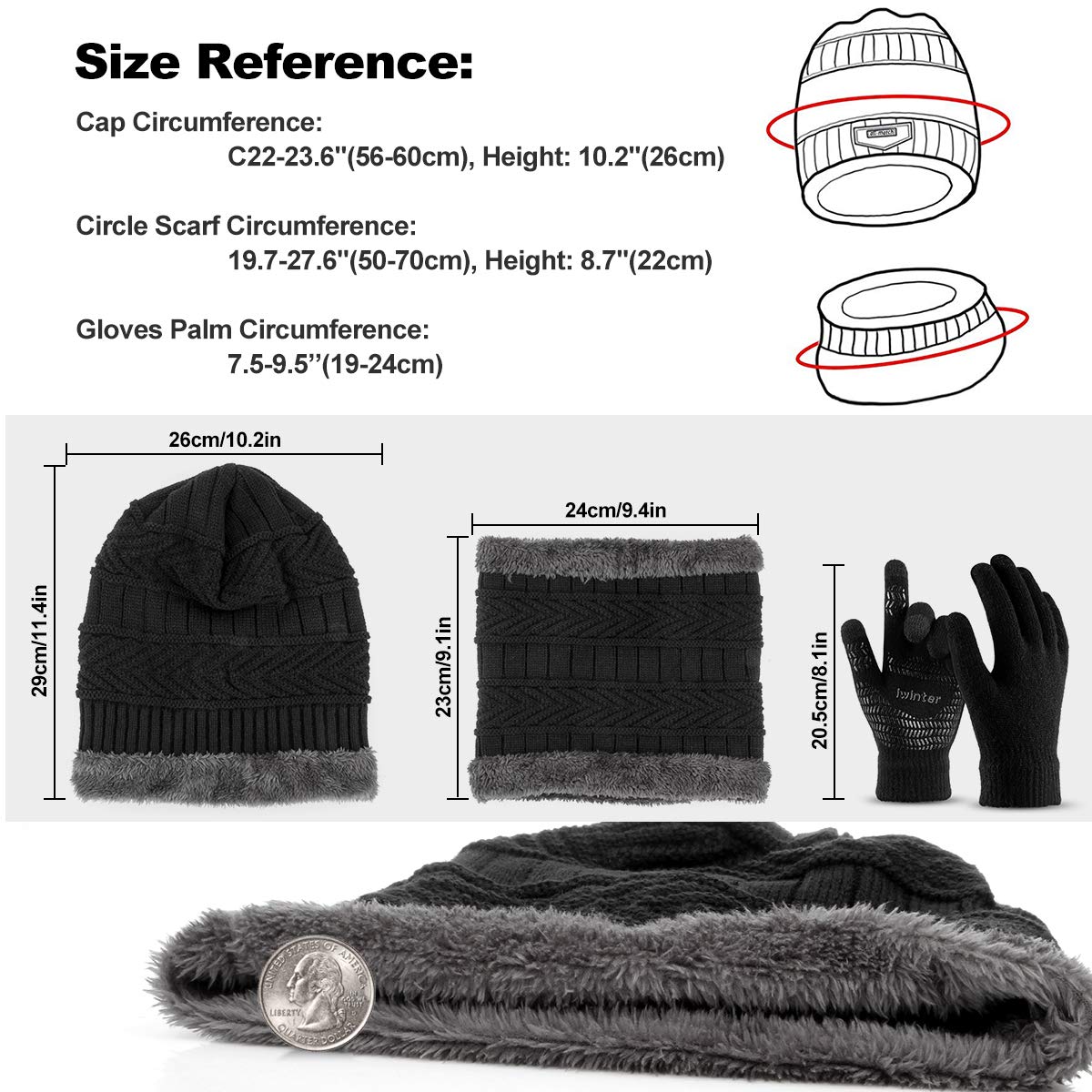 3 Pieces Winter Beanie Hat Scarf Set and Touch Screen Gloves Warm Thick Knit Fleece Lined Skull Cap Gifts for Men Women