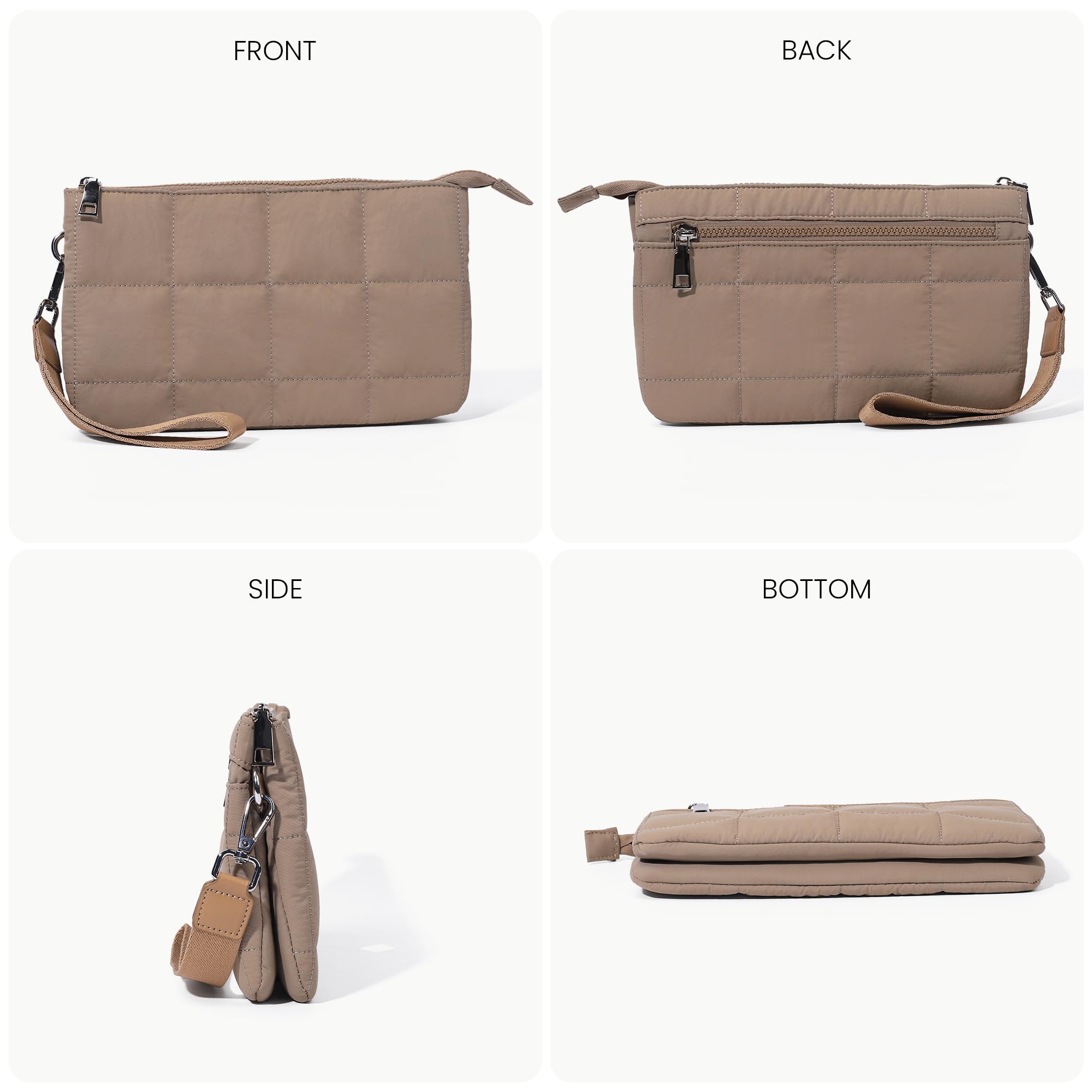 befen Puffer Crossbody Wristlet Bag for Women, RFID-Blocking Crossbody Purse Built-In Wallet, Lightweight Quilted Shoulder Handbag for Travel with Adjustable Guitar Strap &Wrist Strap, Khaki