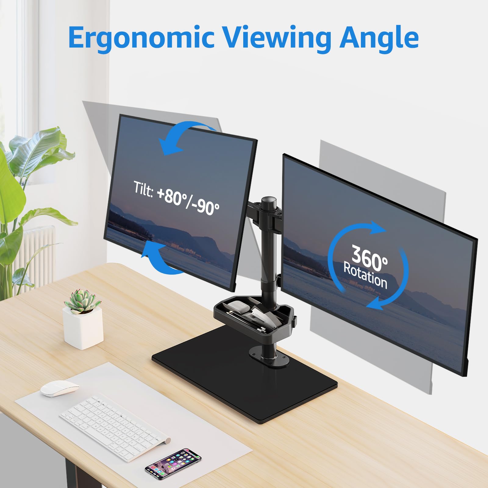 MOUNTUP Dual Monitor Stand, Free Standing Monitor Desk Mount for 2 Screens fits 13-27 inch, Holds Max 17.6 lbs, Computer Monitor Arms with Tempered Glass Base & Storage Tray VESA 75x75 &100x100mm