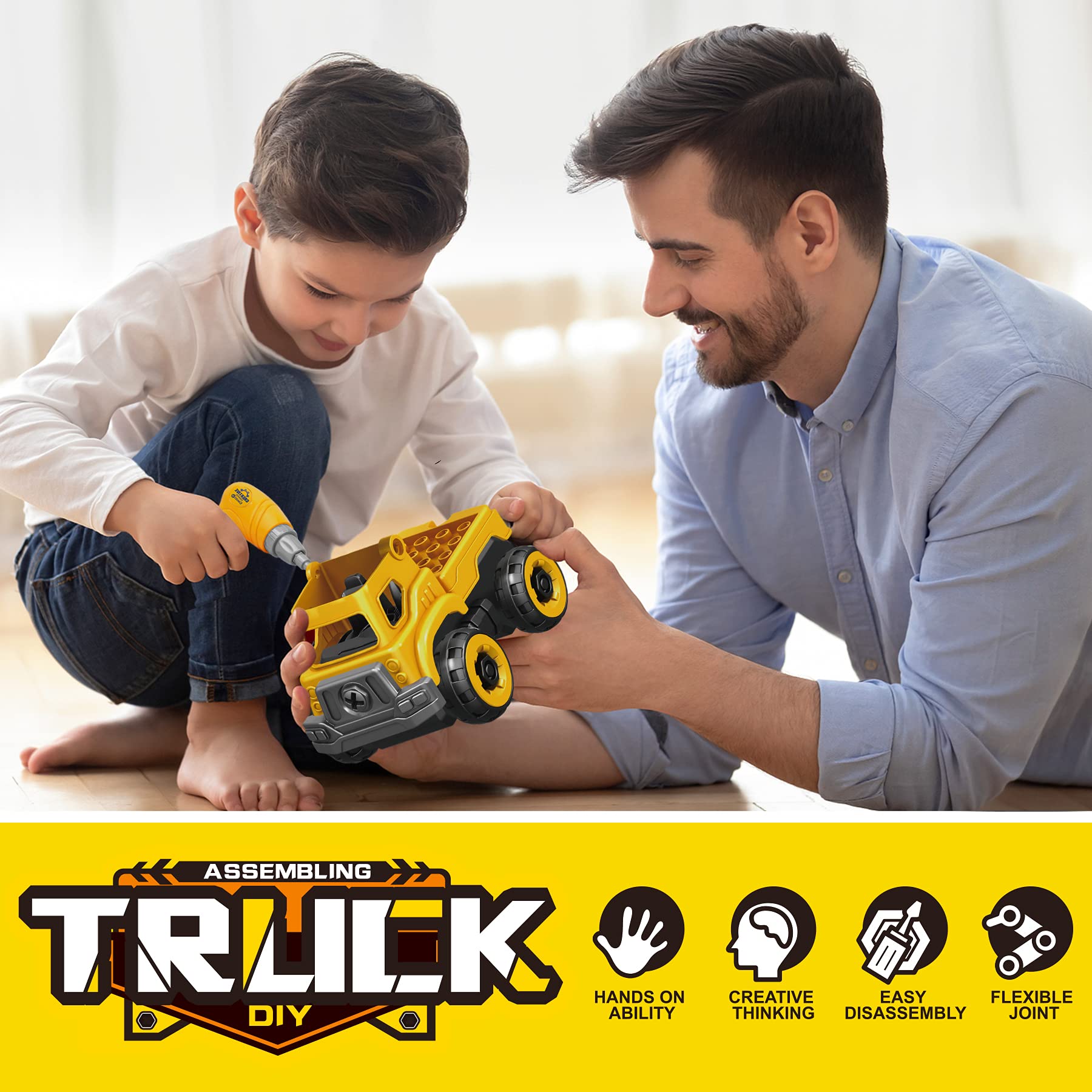 4-in-1 Take Apart Car Toys for Boys, DIY Engineering Construction Truck Toy Vehicle - Dump Truck, Cement Mixer, Excavator, Crane, Kids Building Educational Toy Gift for Age 3 4 5 6 7 8 Year Old Girls