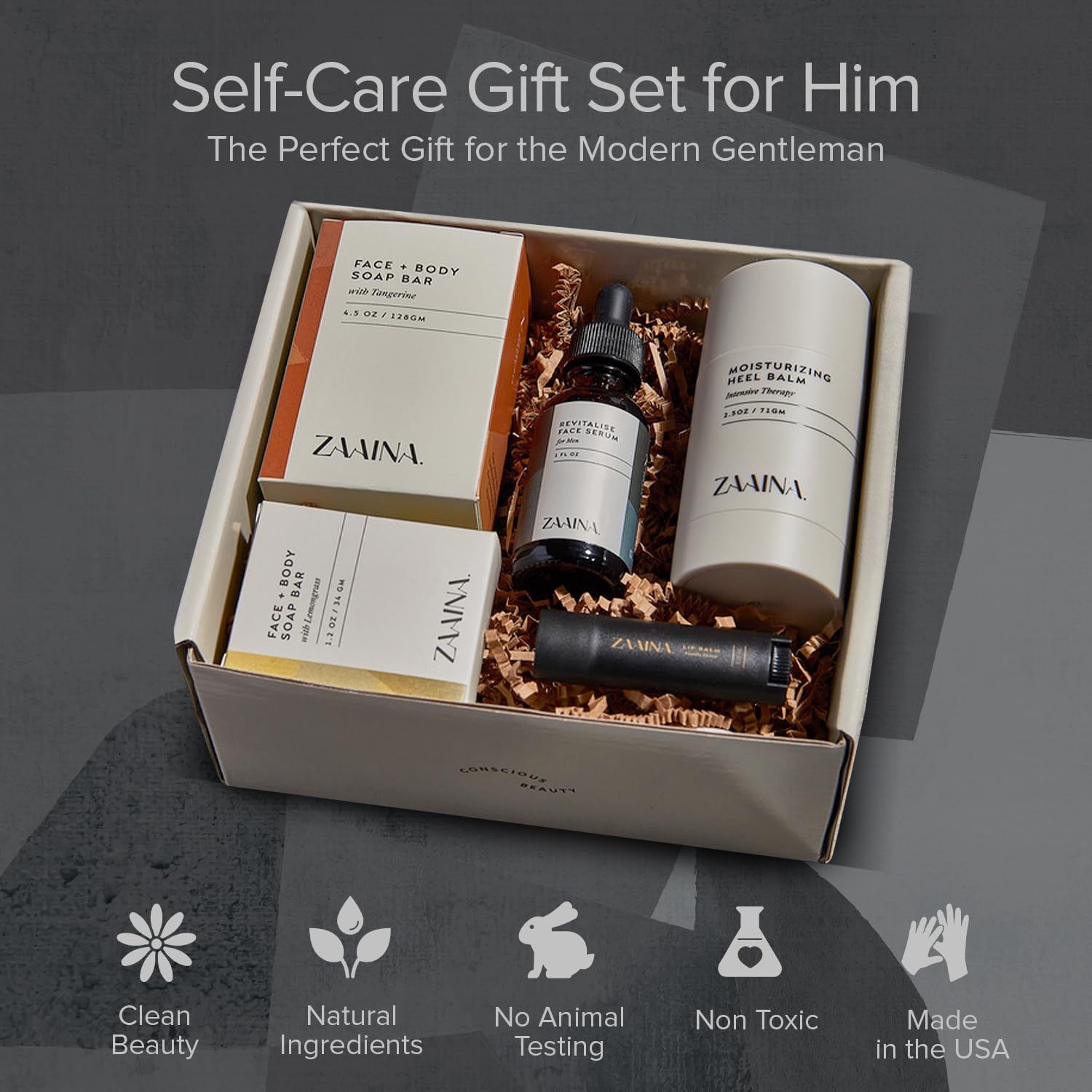 Luxury Skincare Gift Set for Men - Men's Body Self Care Kit, Spa Gift Basket, Men's Skin Care Routine Kit- Travel Size Toiletries, Men's Care Package, At Home Spa Kit- by ZAAINA