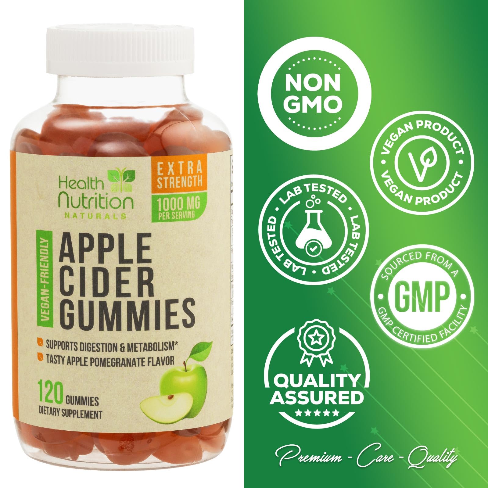 Vegan Apple Cider Vinegar Gummies | Max Strength 1000mg | ACV Supplement Gummy Vitamins for Adults, Supports Digestion, Metabolism, Natural Apple Flavor with Mother, Gluten Free, Non-GMO - 120 Gummies