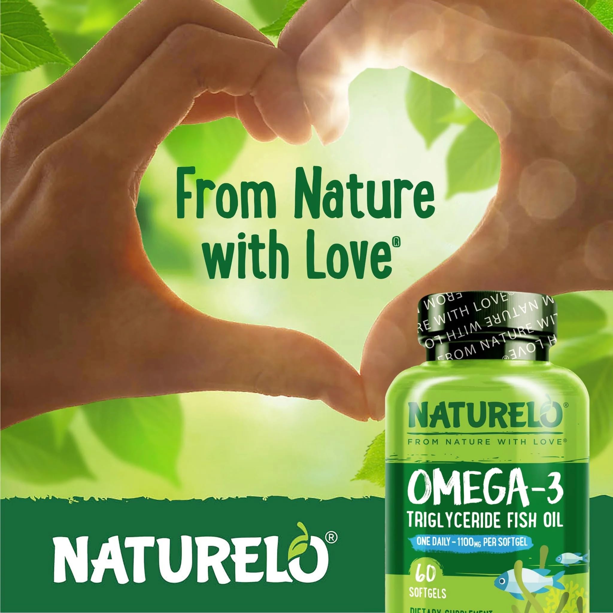 NATURELO Omega-3 Fish Oil Supplement - EPA + DHA - 1100 mg Triglyceride Omega-3 per Gel - One A Day - for Heart, Eye, Brain, Joint Health - No Burps - Lemon Flavor - 60 Softgels | 2 Month Supply