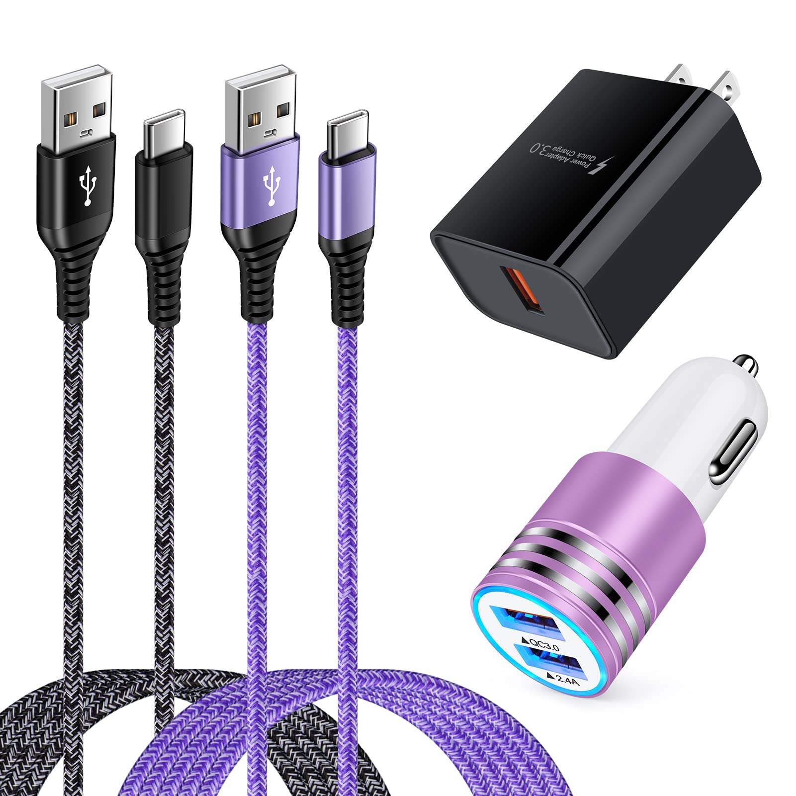 Quick Charge 3.0 Wall Charger Block C Charger Cable Android Phone Charger Cord C Type with Car Plug Fast Charging for Samsung Galaxy A06 A55 A35 5G A15 S24 Ultra S23 Plus S23FE A54 A14 A13 A53 A03S