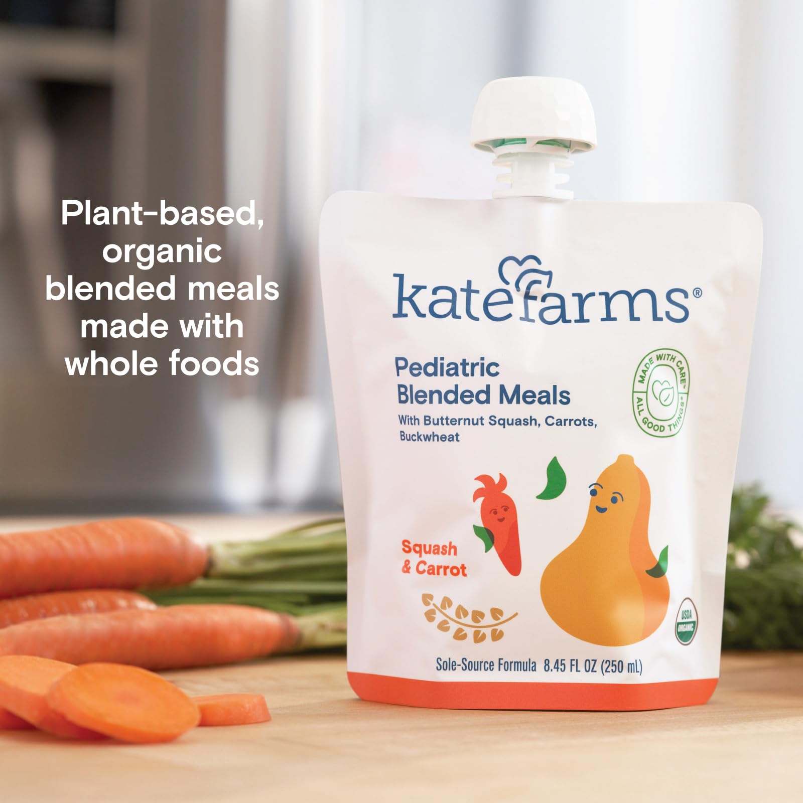 KATE FARMS Organic Pediatric Blended Meal, Squash and Carrot, 8g protein, organic whole foods, oral or tube feed nutrition, Gluten Free, Non-GMO, 8.45 oz (12 Pack)