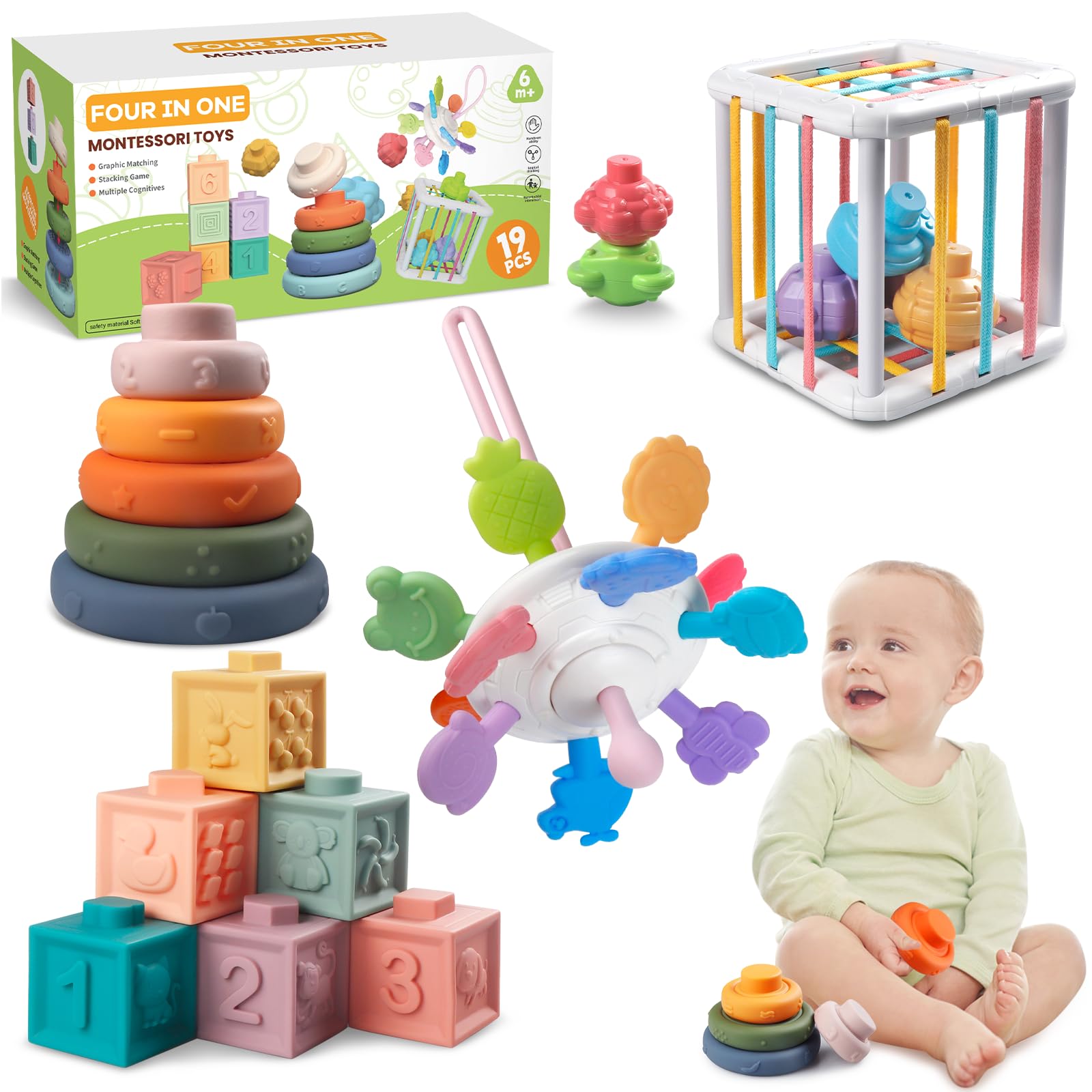 Wuzhineisn Montessori Baby Toys for Ages 6-18 Months - Pull String Teether, Stacking Blocks, Sensory Shapes Storage Bin, Infant Bath Time Fun, 4 in 1 Toddlers Toy Gifts for 1 2 3 Year Old Boys Girls