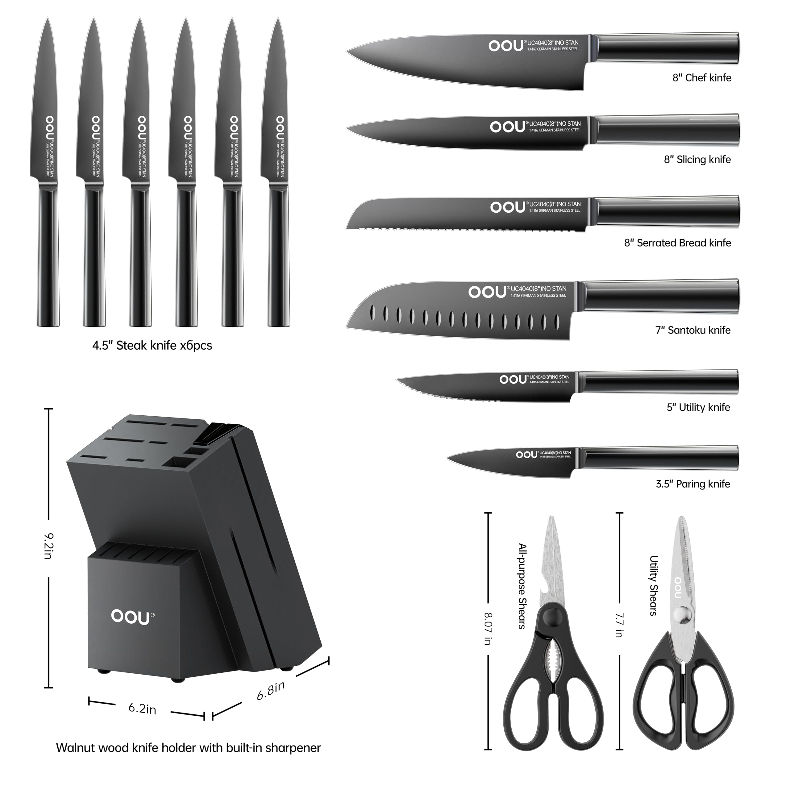 OOU Kitchen Knife Block Set - 15 Pieces High Carbon Stainless Steel Chef Knife Sets, Anti-Rust Black Knives Set with Built-in Sharpener Block, Black