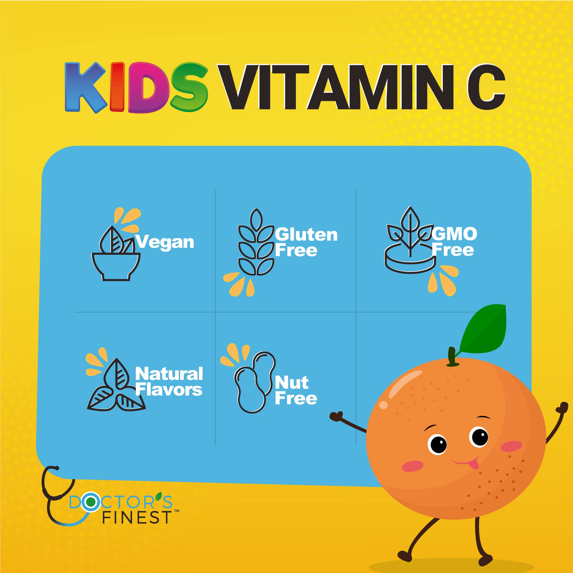 DOCTOR'S FINEST Vitamin C Gummies for Kids - Vegan, GMO Free & Gluten Free - Great Tasting Orange Flavor Pectin Chews - Kids Dietary Supplement - 250 mg of Vitamin C - 120 Jellies [60 Doses]