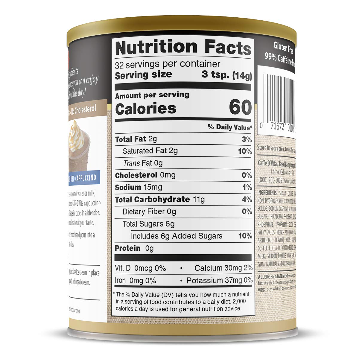 Caffe D’Vita Mocha Cappuccino Mix - Mocha Powder Mix, Instant Cappuccino Mix, Gluten Free, No Cholesterol, No Hydrogenated Oils, No Trans Fat, 99% Caffeine Free, Mocha Mix - 16 Oz Can, 6-Pack