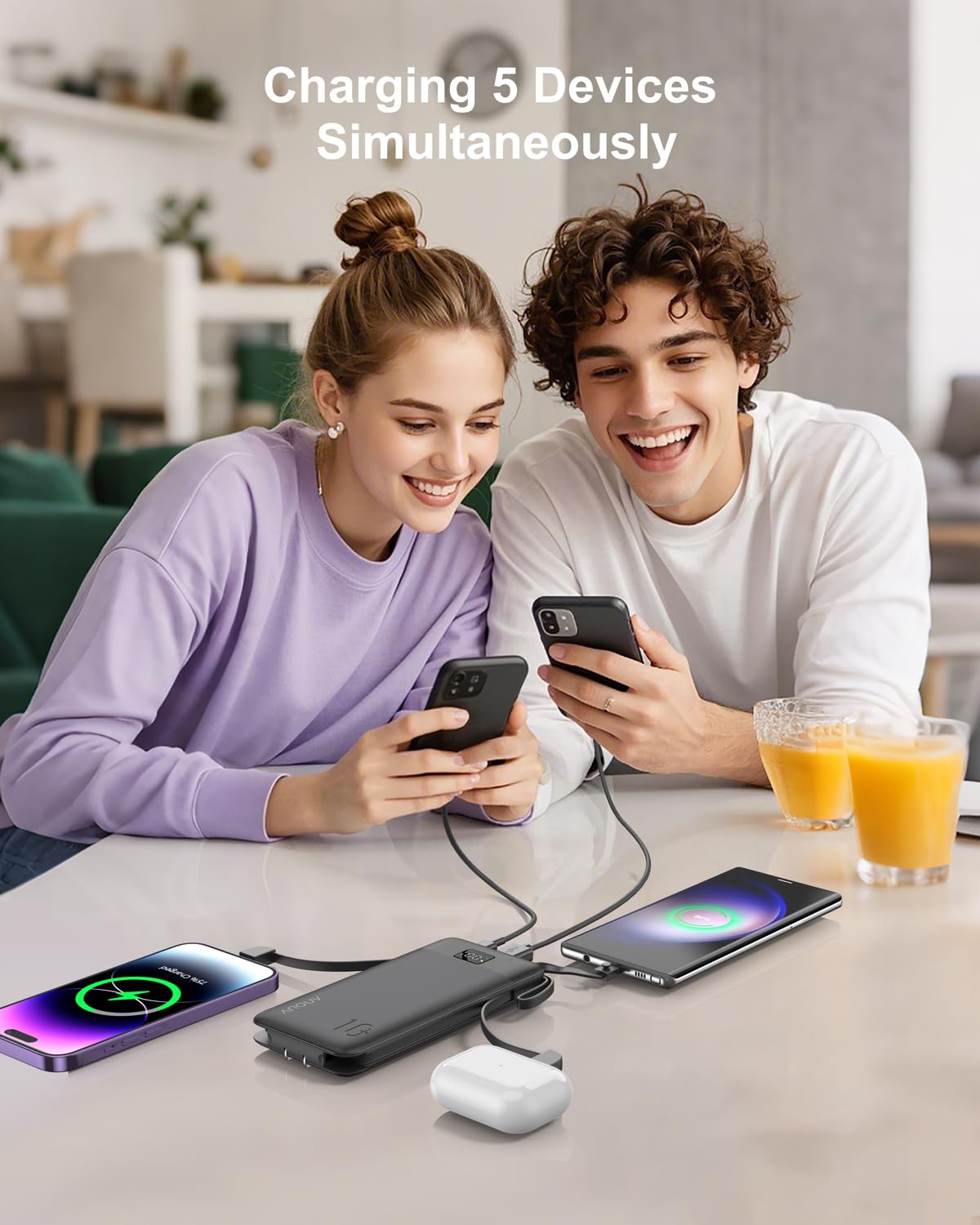 ANOUV Portable Charger with Built-in Cables&AC Wall Plug,10000mAh Power Bank,PD 22.5W USB-C Fast Charging External Battery Pack with LED Display for iPhone 16/15/14 iPad Samsung S22 S21 Galaxy(1 Pack)