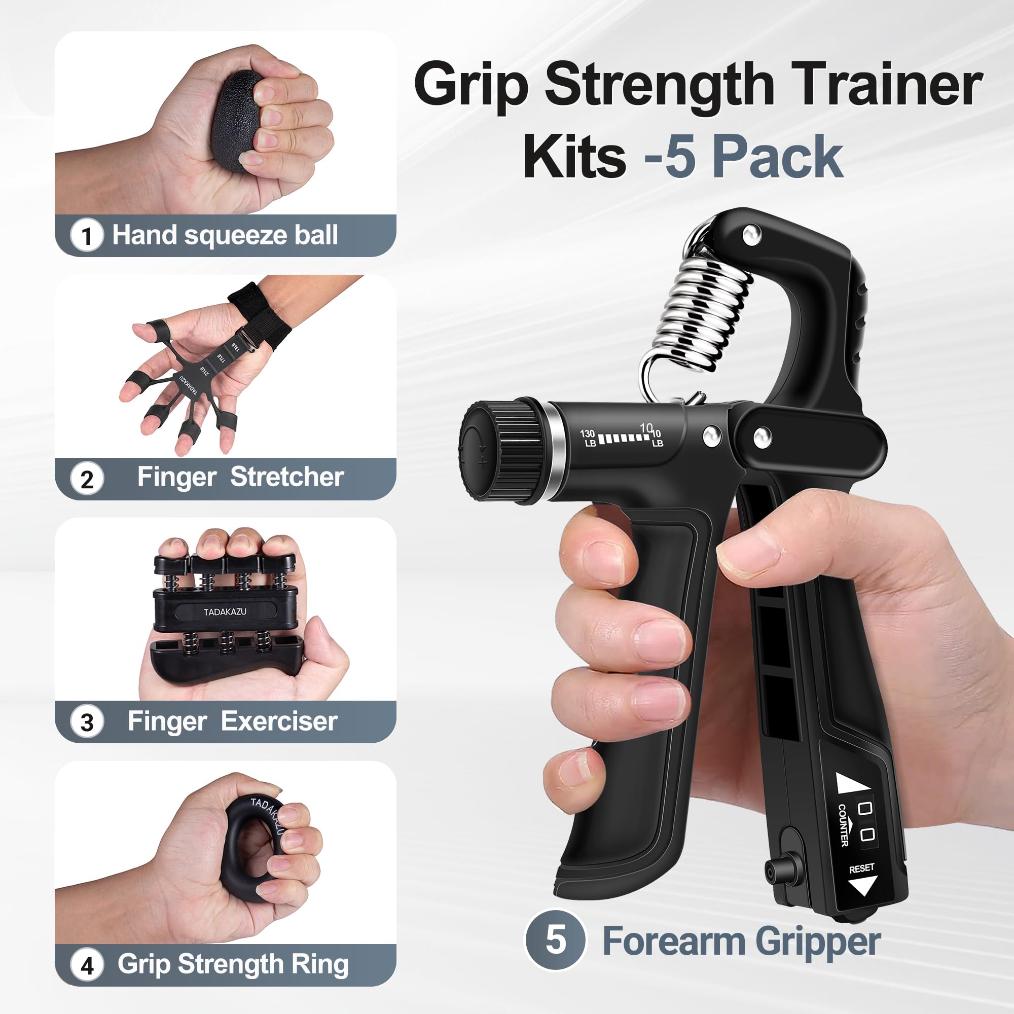 Grip Strength Trainer Kits (5 Pack), Forearm Strengthener with Adjustable Resistance, Grip Strength Tester, Finger Strengthener, Hand Gripper Strengthener for Muscle Building Injury Recover